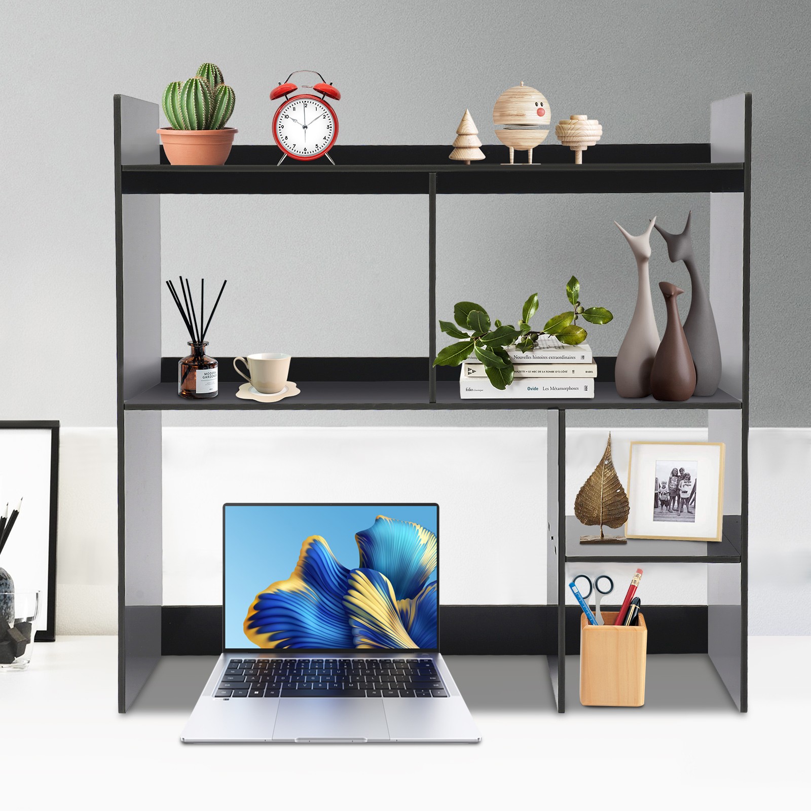 3-Tier Desktop Shelf Rectangular Desktop Bookshelf Desktop Display Rack Black US