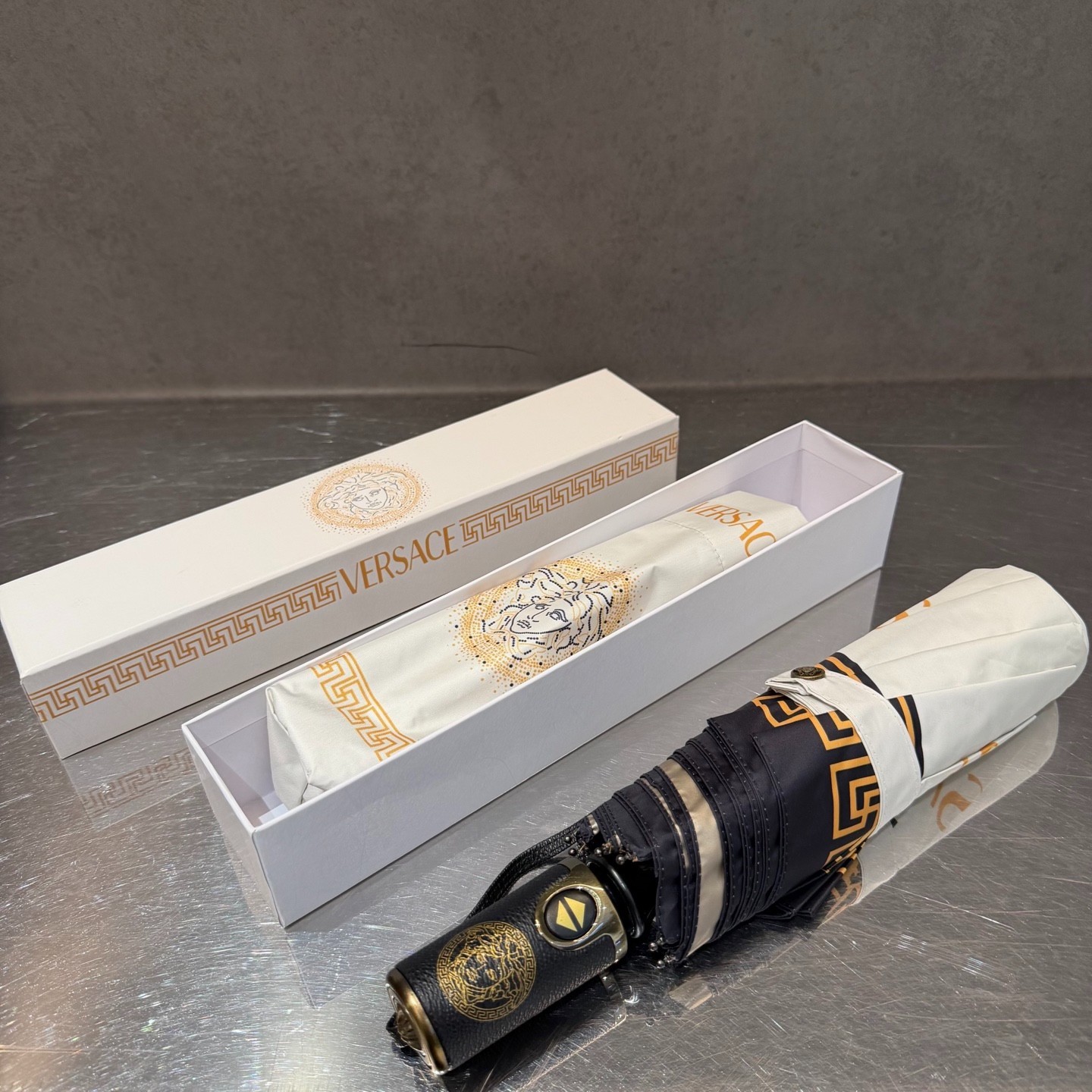 Versace white Dot Medusa Umbrella Automatic 3-Fold Sun Rain Parasol