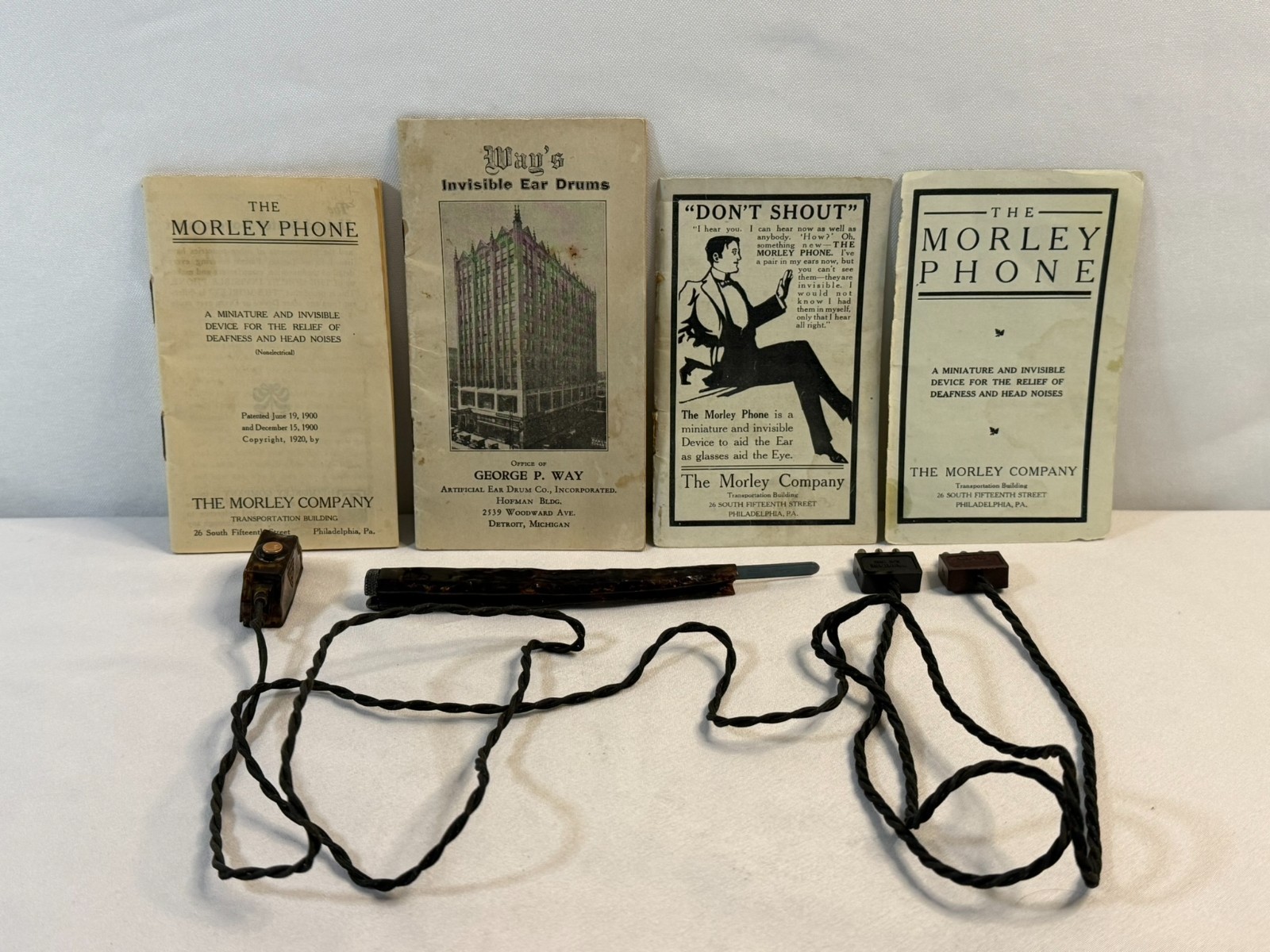Morley Phone Hearing Aid Way Invisible Ear Drums w Pamphlets Vintage