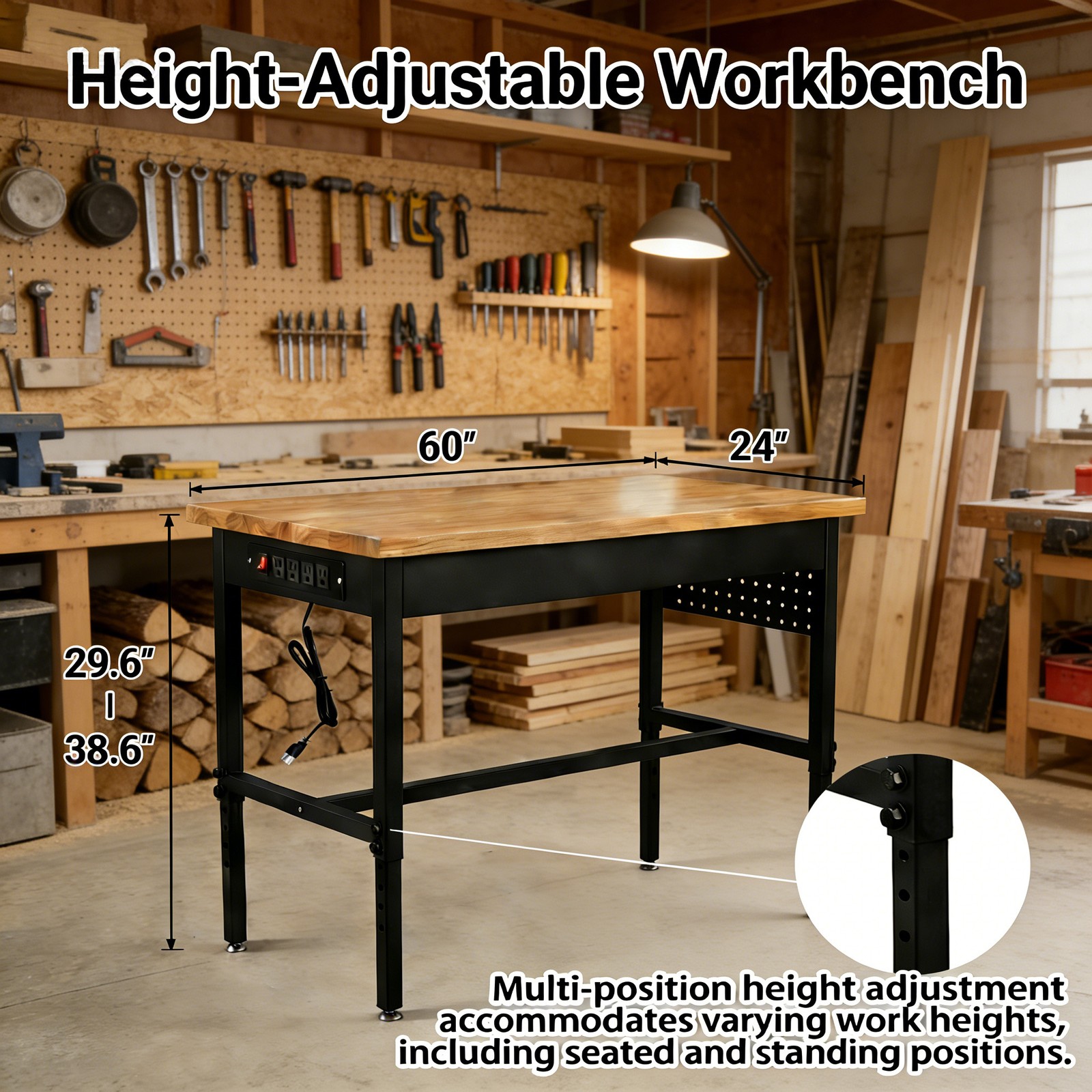 60"x24" Adjustable Workbench, Power Outlets, 6 Height Levels, Solid Hardwood Top