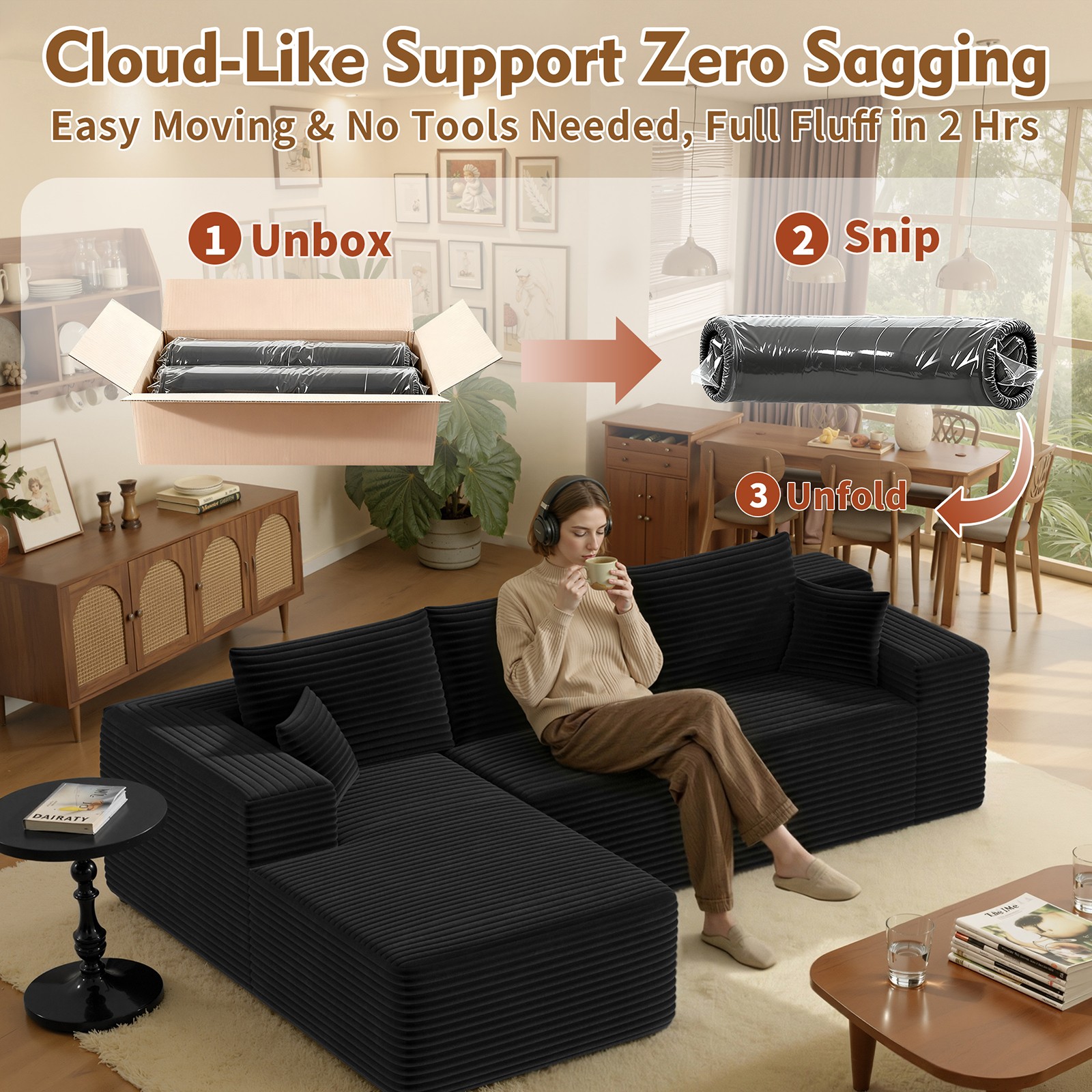 Floor Couch Sectional Couch Chaise Corduroy-style Plush Modular Sofa L-Shape