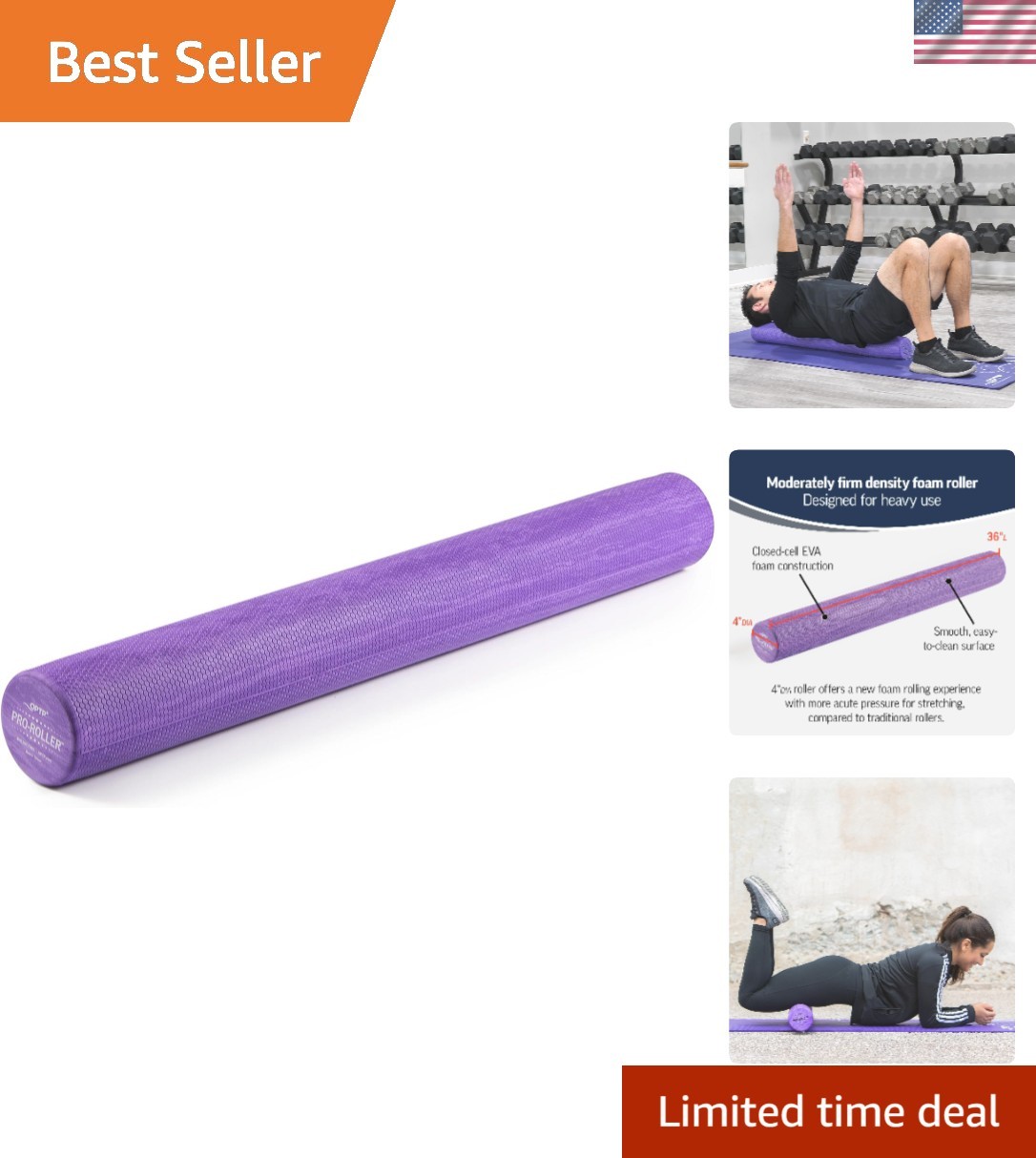 Lightweight Purple Foam Roller 36" x 4" - Perfect for Pilates & Balance Training