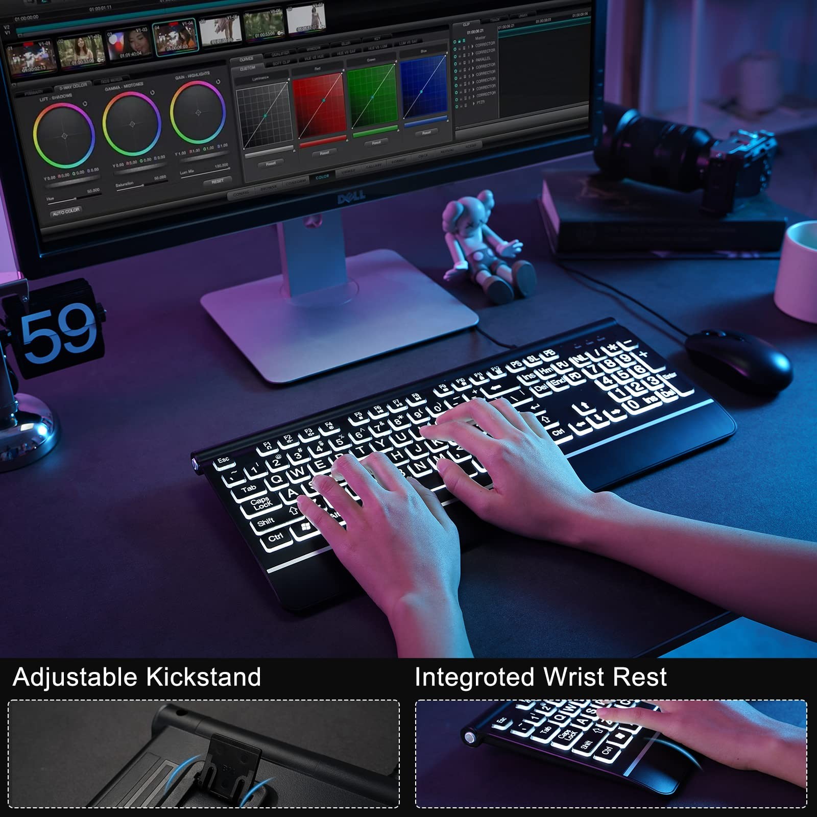 Computer Wired Keyboard, Large Print Backlit Keyboard with Wrist Rest, 7-Colors