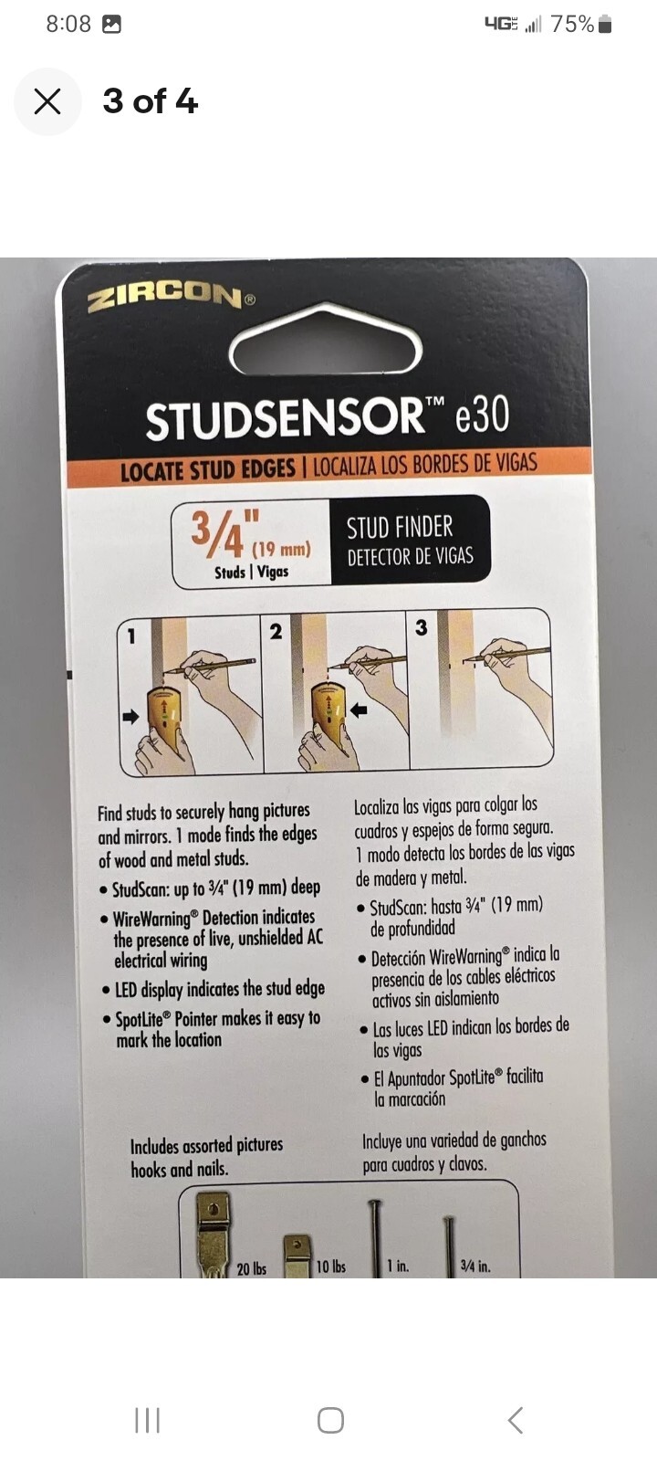 NEW Zircon StudSensor e30 Stud Finder with Wire Warning BONUS Hooks & Nails