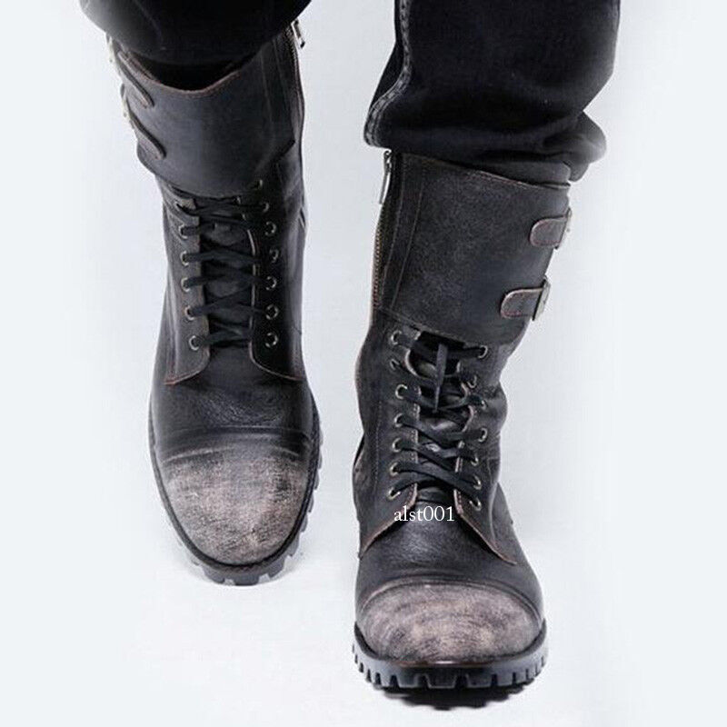 Men's Cowboy Military Punk Comfortable Leather Buckle Combat Mid Calf Army Boots