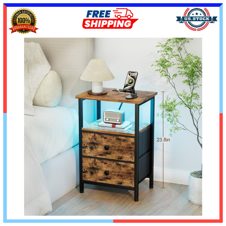 Small Bedside Table with USB Ports & Outlets, 2 Drawer Nightstand Brown