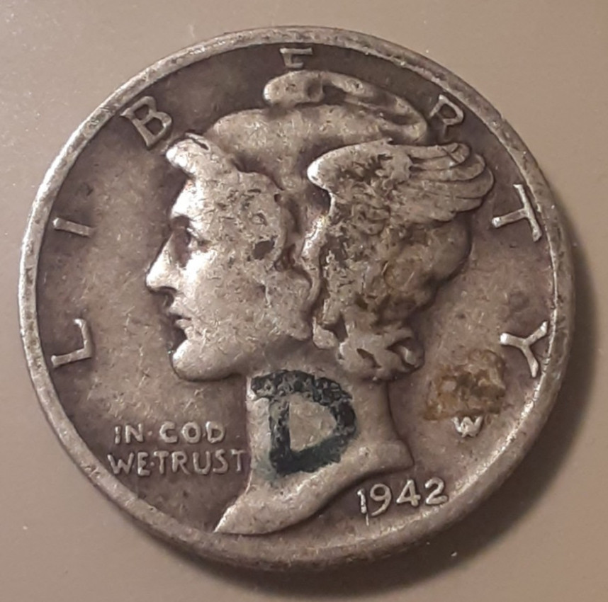 1942-D Mercury Dime 10c Denver Mint 90% Silver (#5-WN6/RBT) "D" neck tattoo!