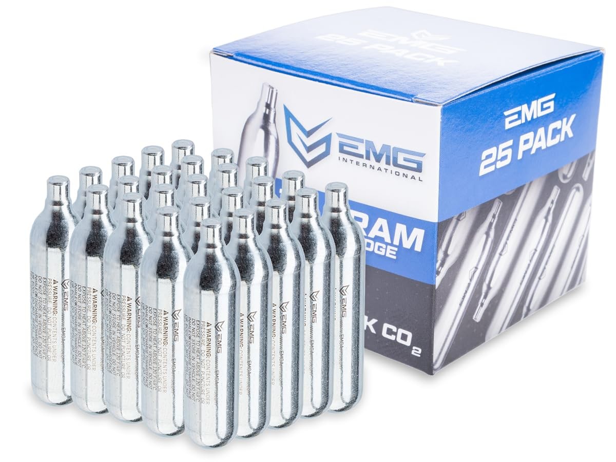 - 12 Gram CO2 Cartridge for Airsoft and Air (Quantity: Pack of 25 / EMG)