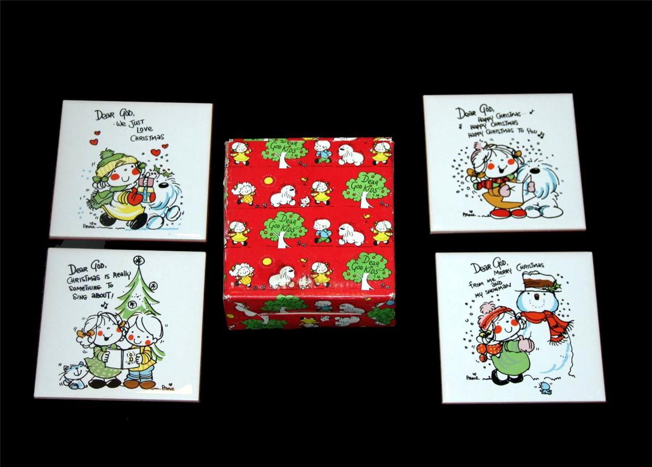4 Vtg Dear God Whimsical Kids Christmas Tiles w/ Stand or Hanger NIB Enesco 1992