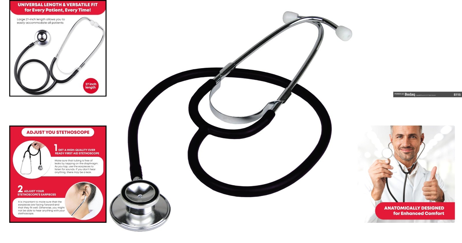 Anatomically Designed Dual Head Stethoscope - Lightweight & Non-Chill, Black