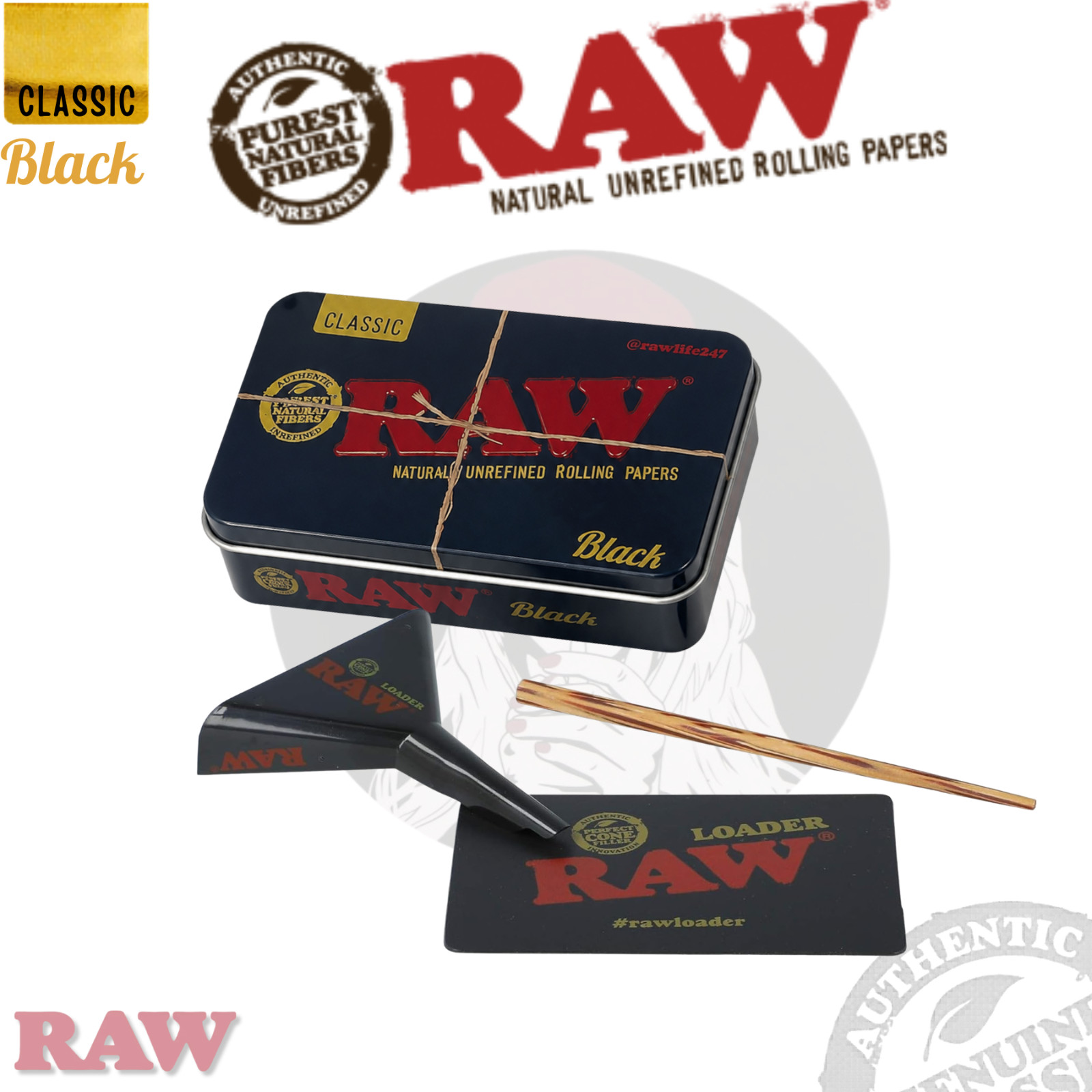 RAW Metal Tin Storage Box w King Size Lean Cone Loader Accessory Bundle Kit