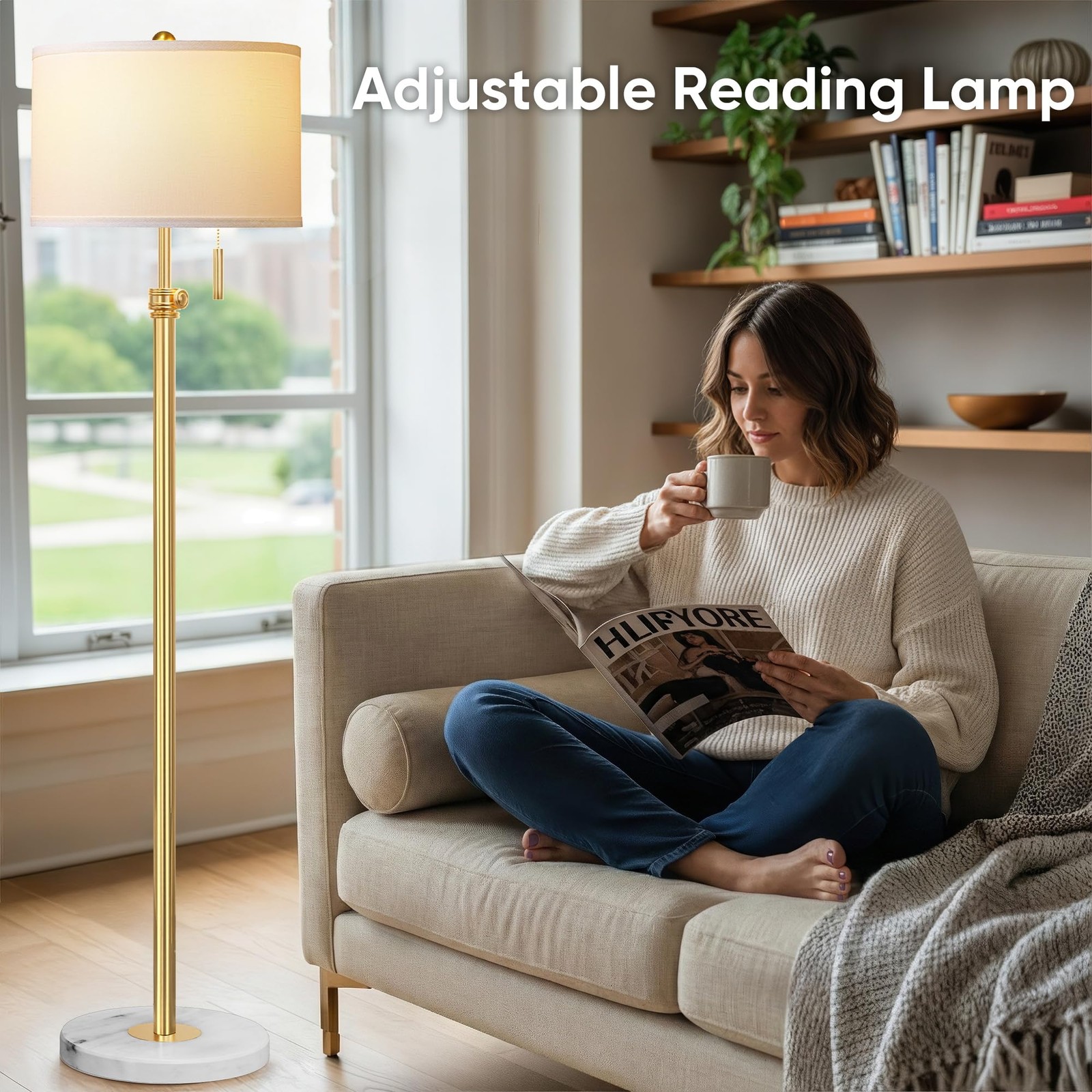 66'' Floor Lamp with Marble Base, Pull Chain, Bulb Included, White Shade