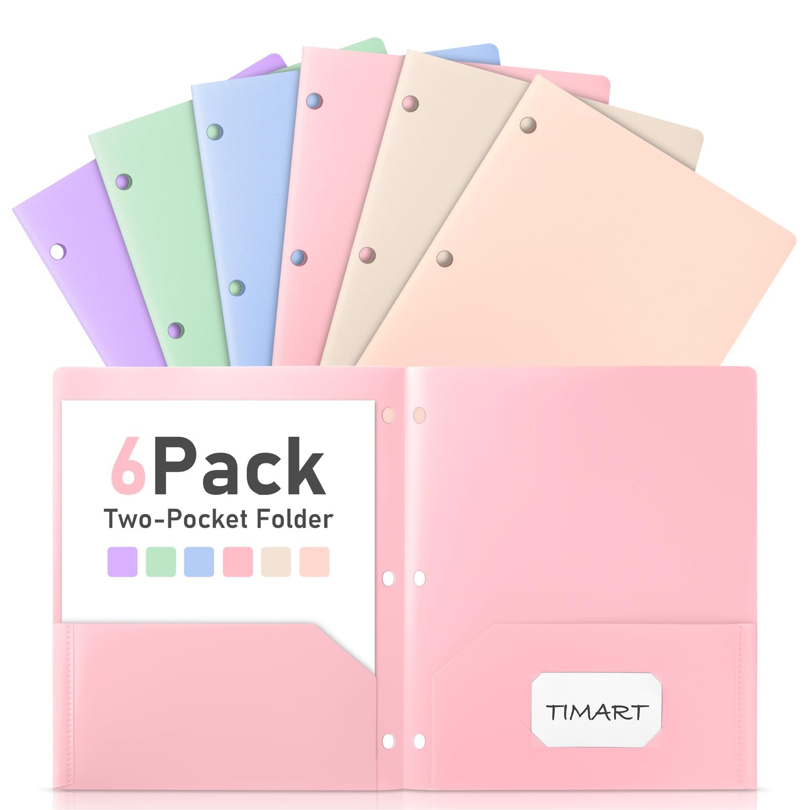 Pastel Folders with Pockets, 3 Hole Punched 2 Pocket Folders-6 Pack