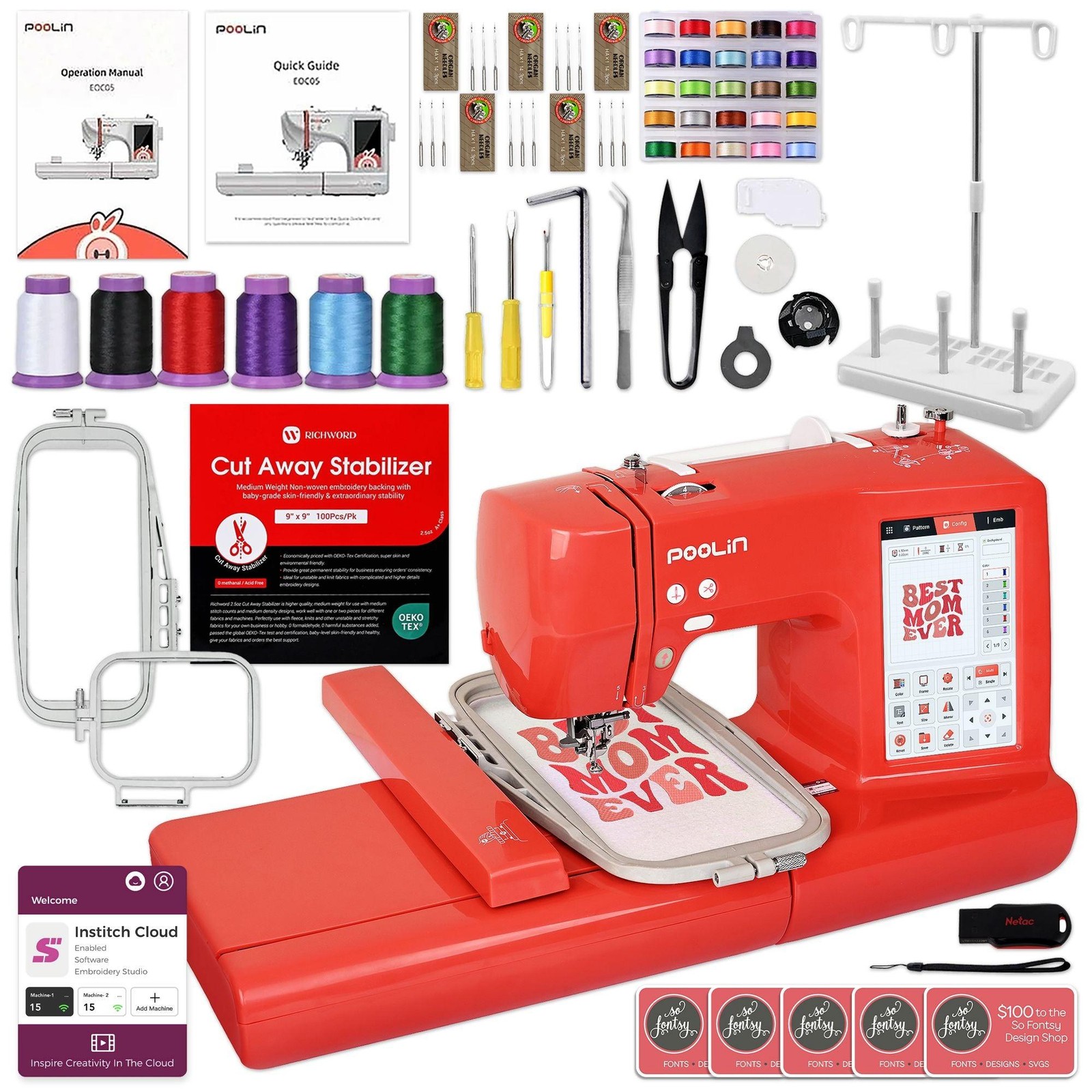 POOLIN EOC05 4in x 9.2in Computerized Embroidery Machine - Red