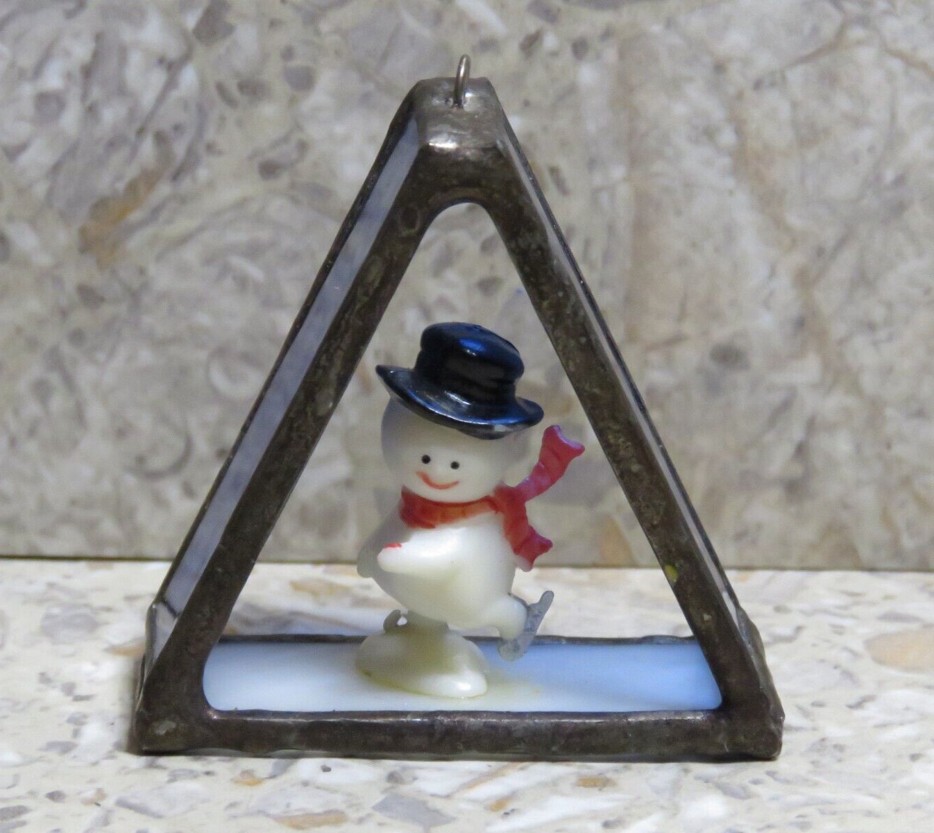 VTG Stained Glass Triangle Pyramid Skating Snowman Blue Slag Glass Suncatcher