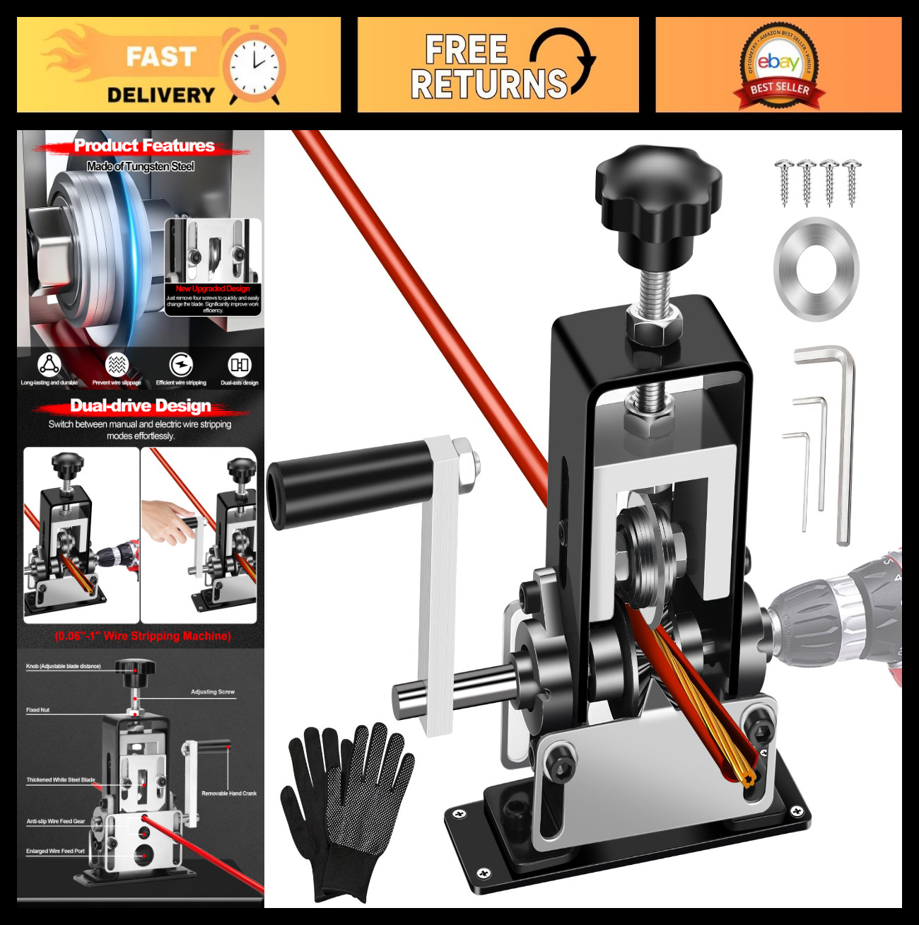 Manual Wire Stripping Machine - Dual-Drive Copper Wire Peeler, Drill/Hand Crank