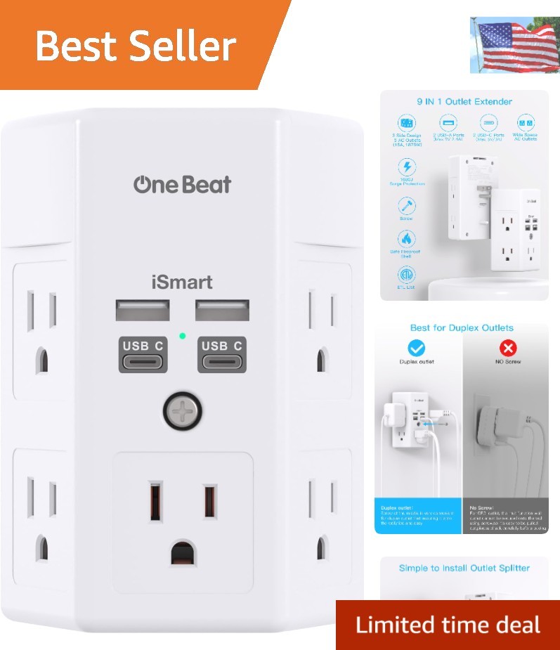 1680J Surge Protector: 5 Outlet Expander & 4 USB Ports for Home & Office