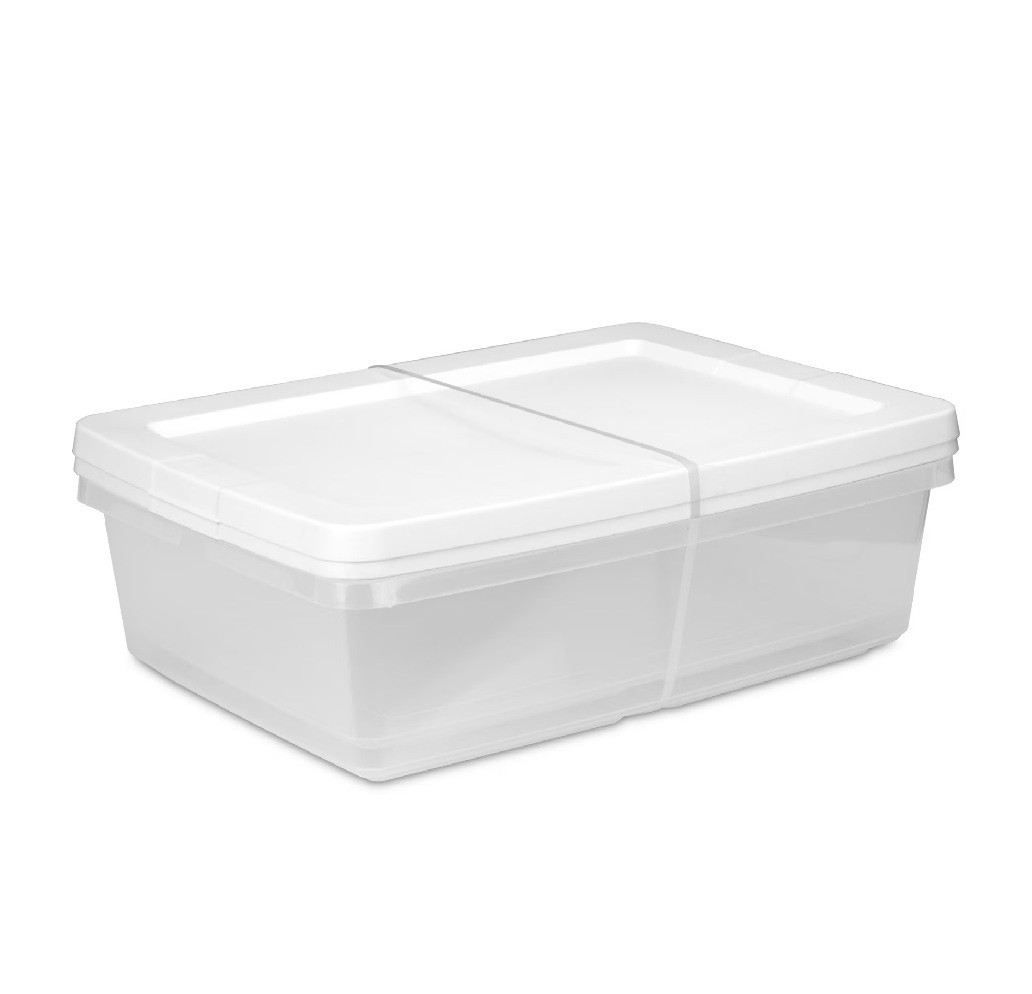 Sterilite 28 Quart Small Bin  Clear Plastic Storage with White Snap-On Lid
