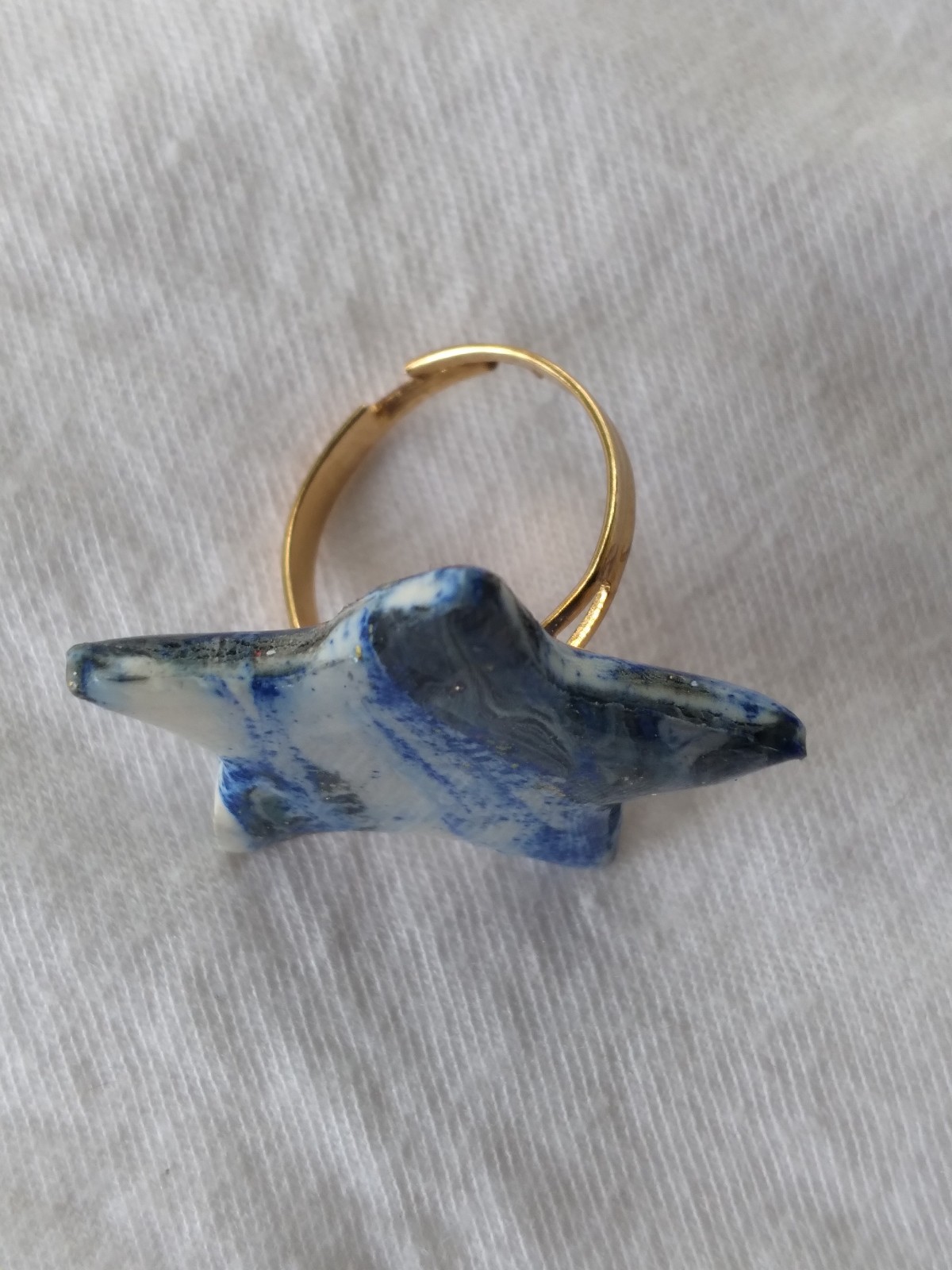 Handcrafted Gold Adjustable Polymer Clay Ring Blue White Marbled Star