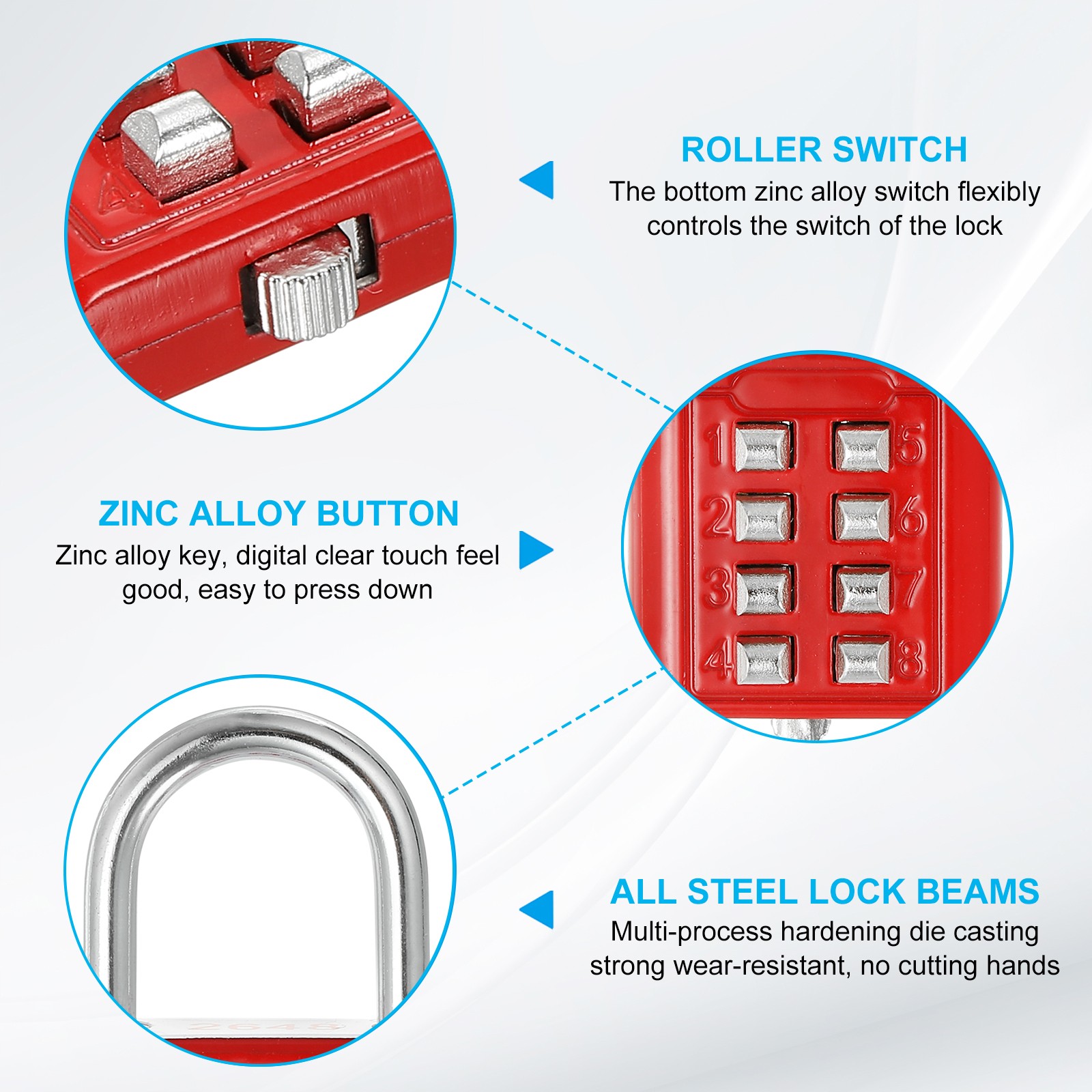 8 Digit Button Combination Padlock 3pack 4 Digit Locking Mechanism Lock Red