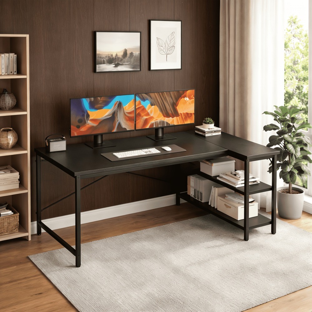 L-shaped computer desk with a flip-top storage shelf