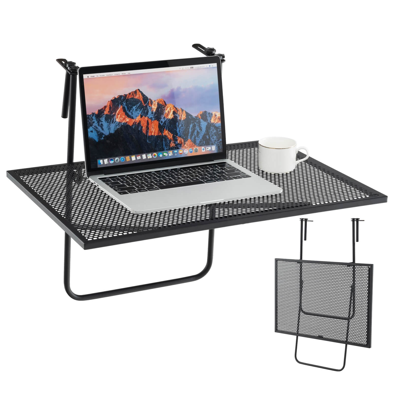 Balcony Railing Table w/Adjustable Hooks Hanging Folding Deck Table Plant Stand
