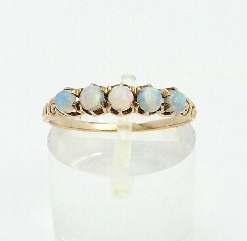 Victorian Solid 10k Gold Opal Wedding Band Ring Fiery Colors 5 Stone Setting