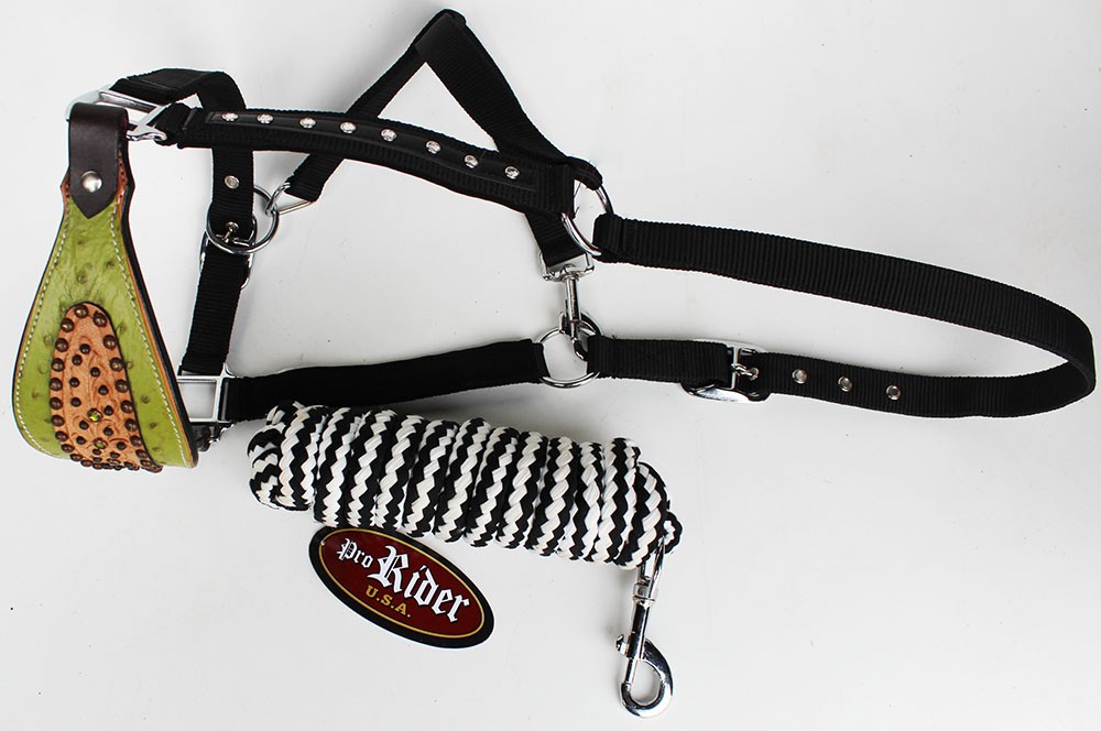 Noseband Tack Bronc Leather HALTER Tiedown Lead Rope Green 280646