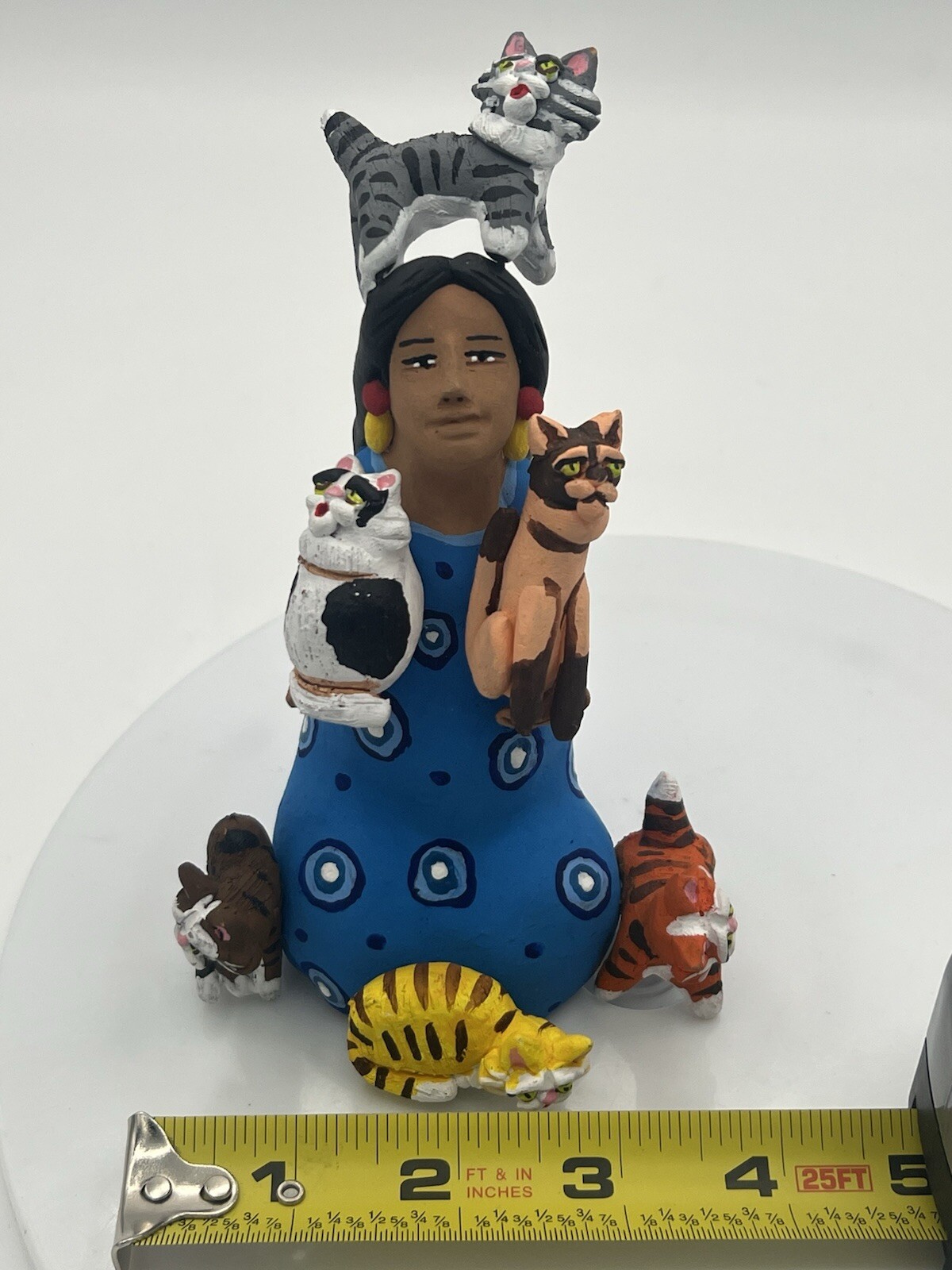 Figurine Peruvian Folk Art Woman Six Cats Green Dress