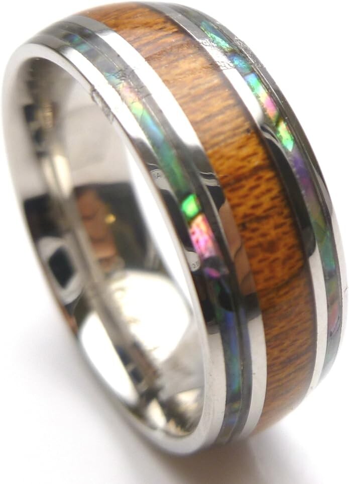 Hawaiian Koa Wood Abalone Shell Ring Size 6 316L Steel 8mm Wide Comfort Fit Band