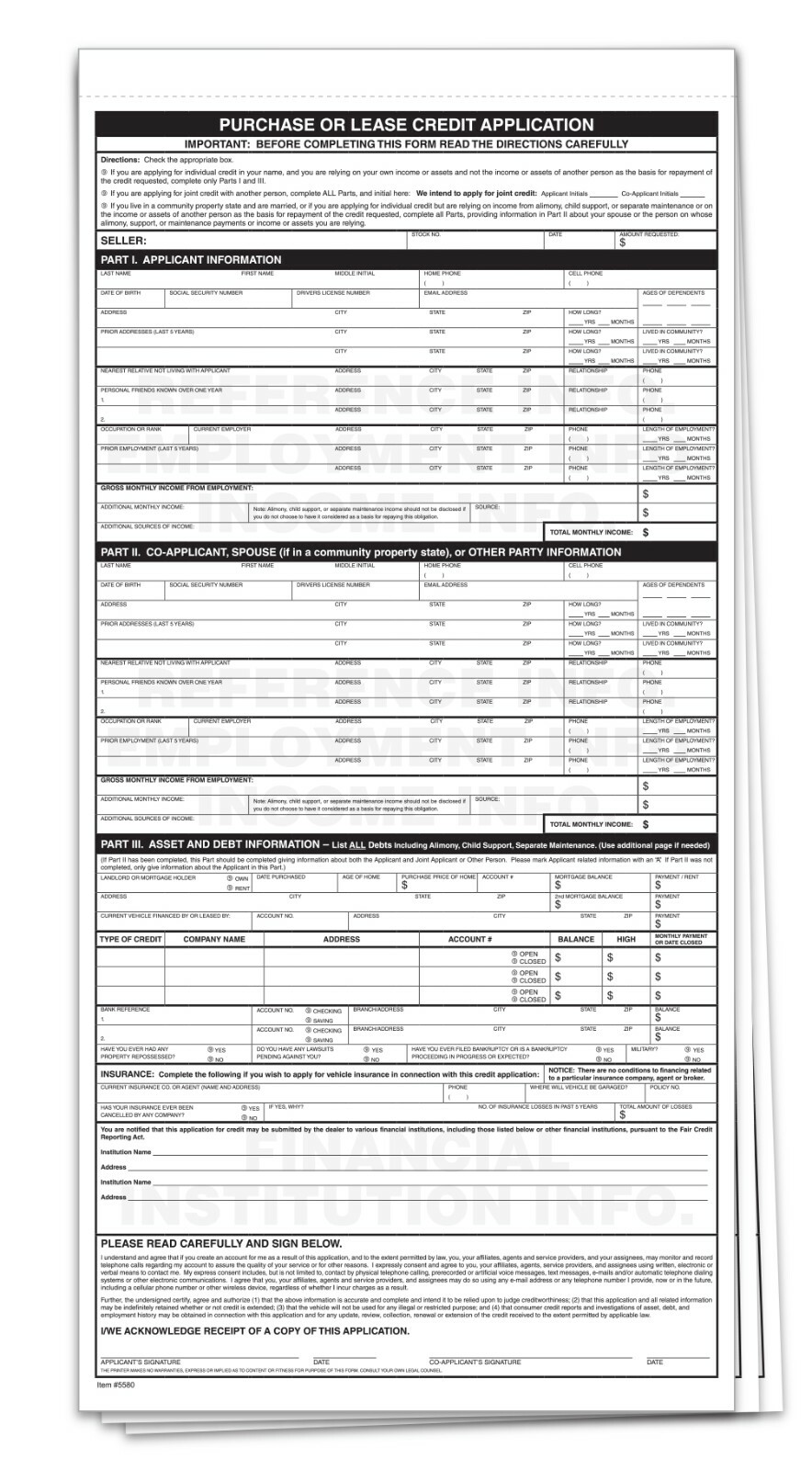 CUSTOMER UNIVERSAL CREDIT APPLICATION FORM 3 PART 100 PER PACK CAR LOT DEALER