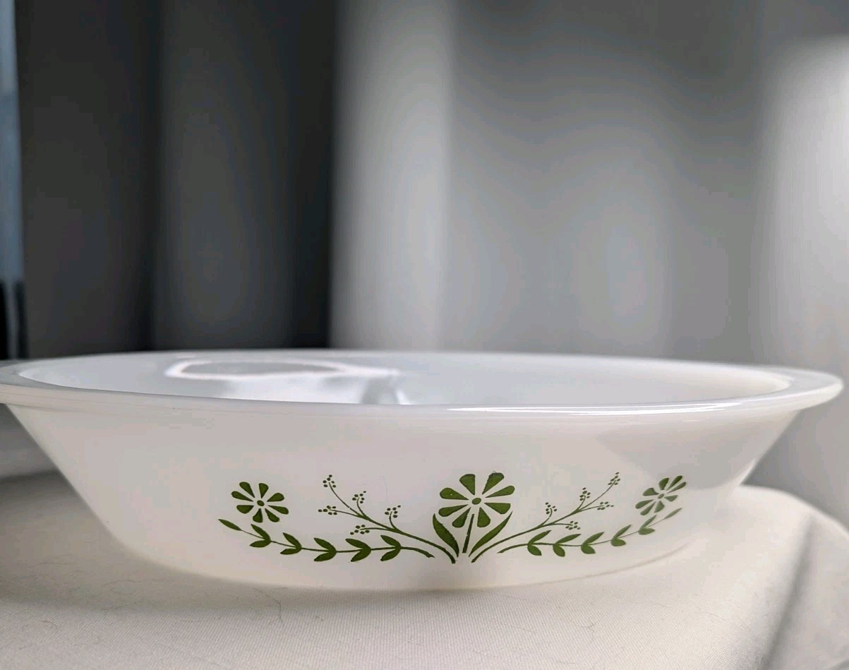 Vintage Glasbake Jennette Green Daisy Divided Oval Serving Baking Dish J2352