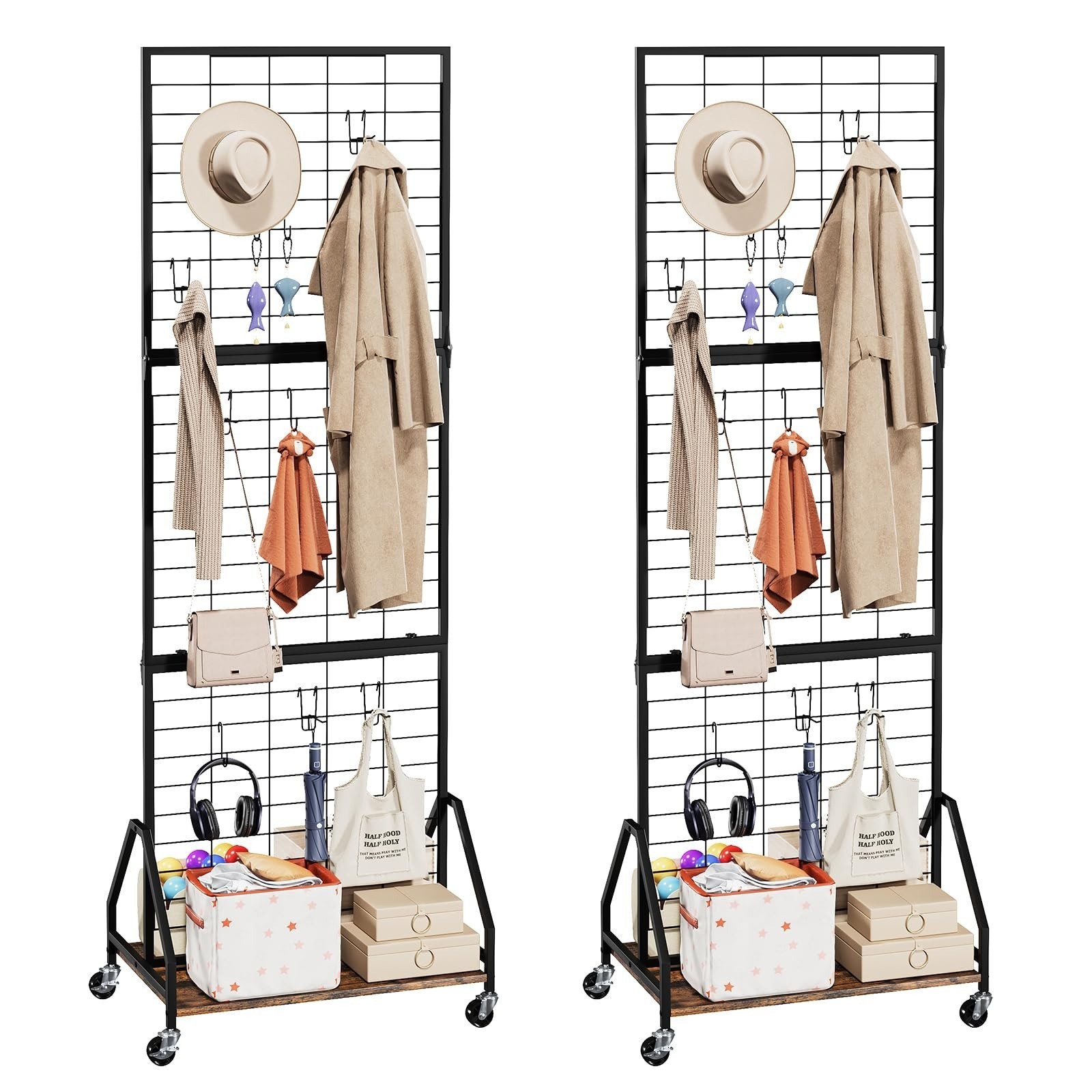 ELYKEN Foldable Grid Wall Panels Display Rack with Wheels & Storage Shelf