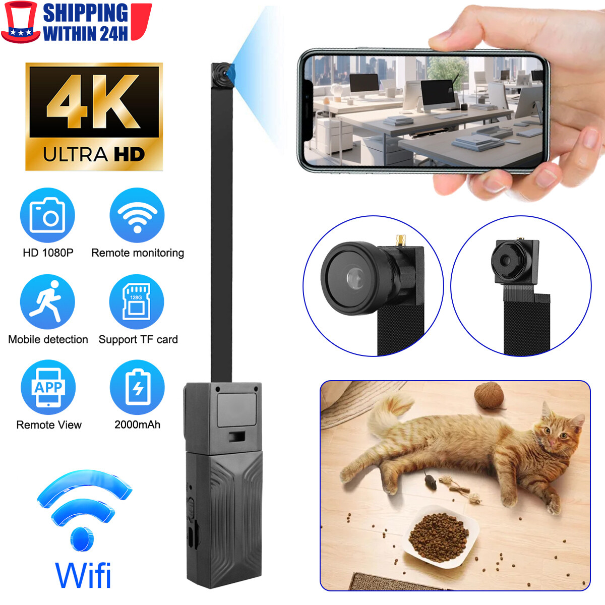 4K Mini Camera: WiFi Motion Alerts & DIY Mini Mount 1H Battery/24-7 Recording US