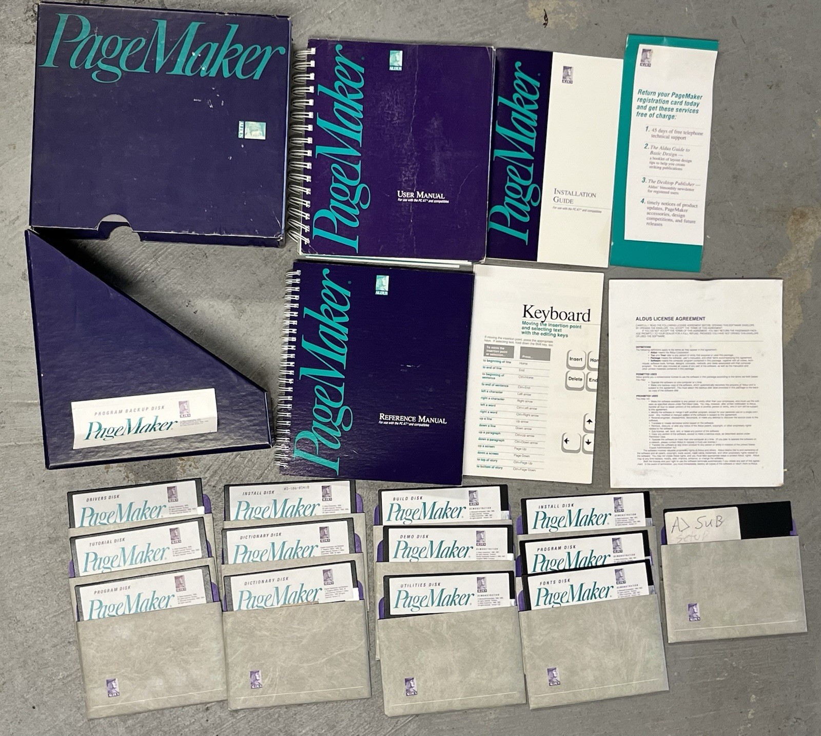 Aldus PageMaker 1.0 PC AT 1986 Boxed Set with 13 Floppy Disks Manuals Inserts