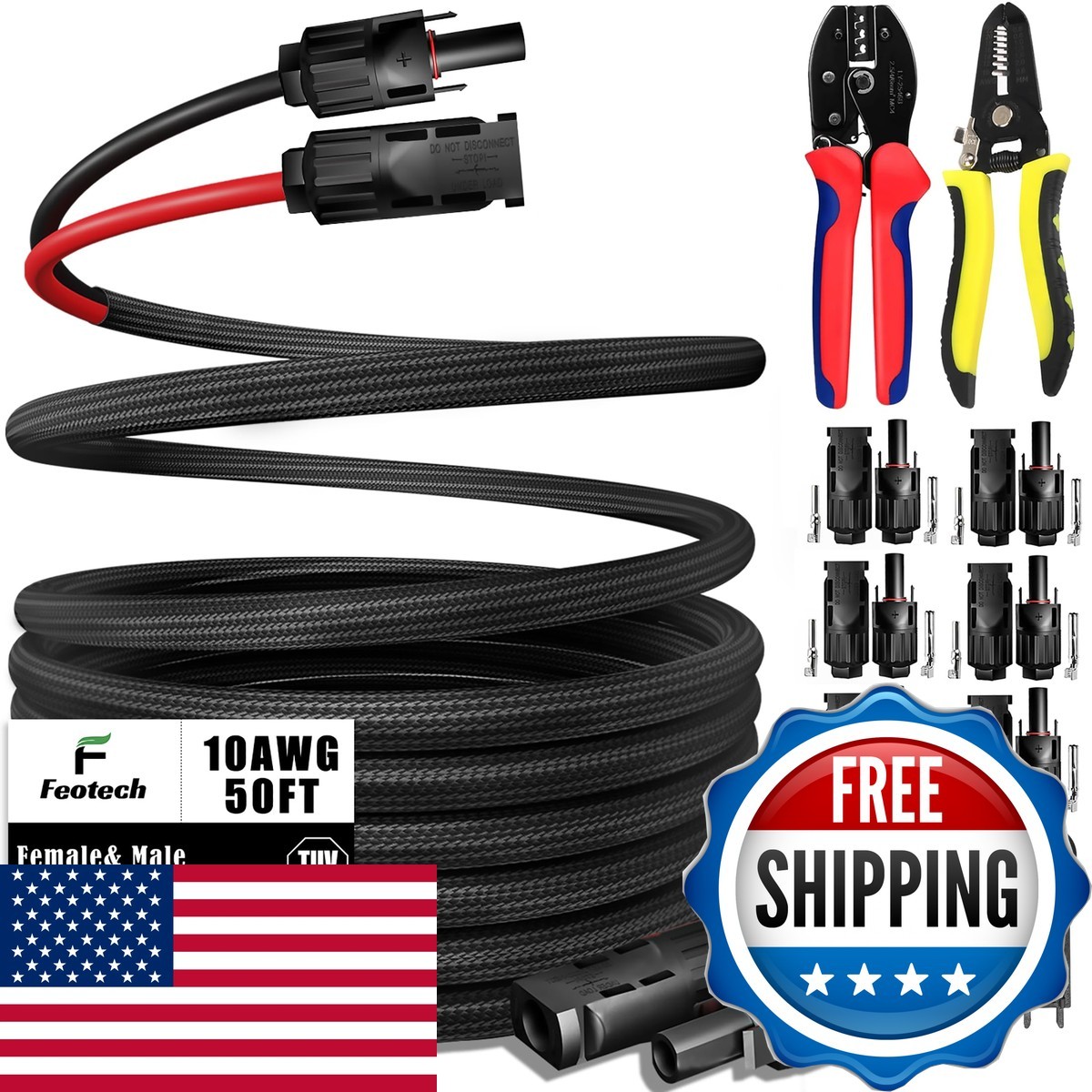 Feotech Twin Wire 50 Feet Solar Extension Cable 10AWG IP67 Female Male
