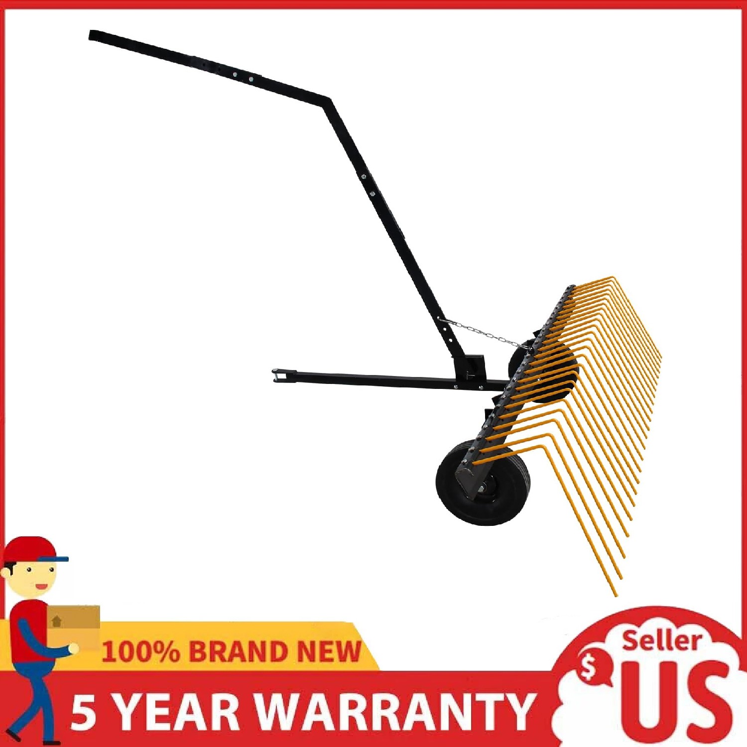 60" ATV UTV & Lawn Tractor Tow Behind Heavy Duty Pine Straw Rake Landscape Rake