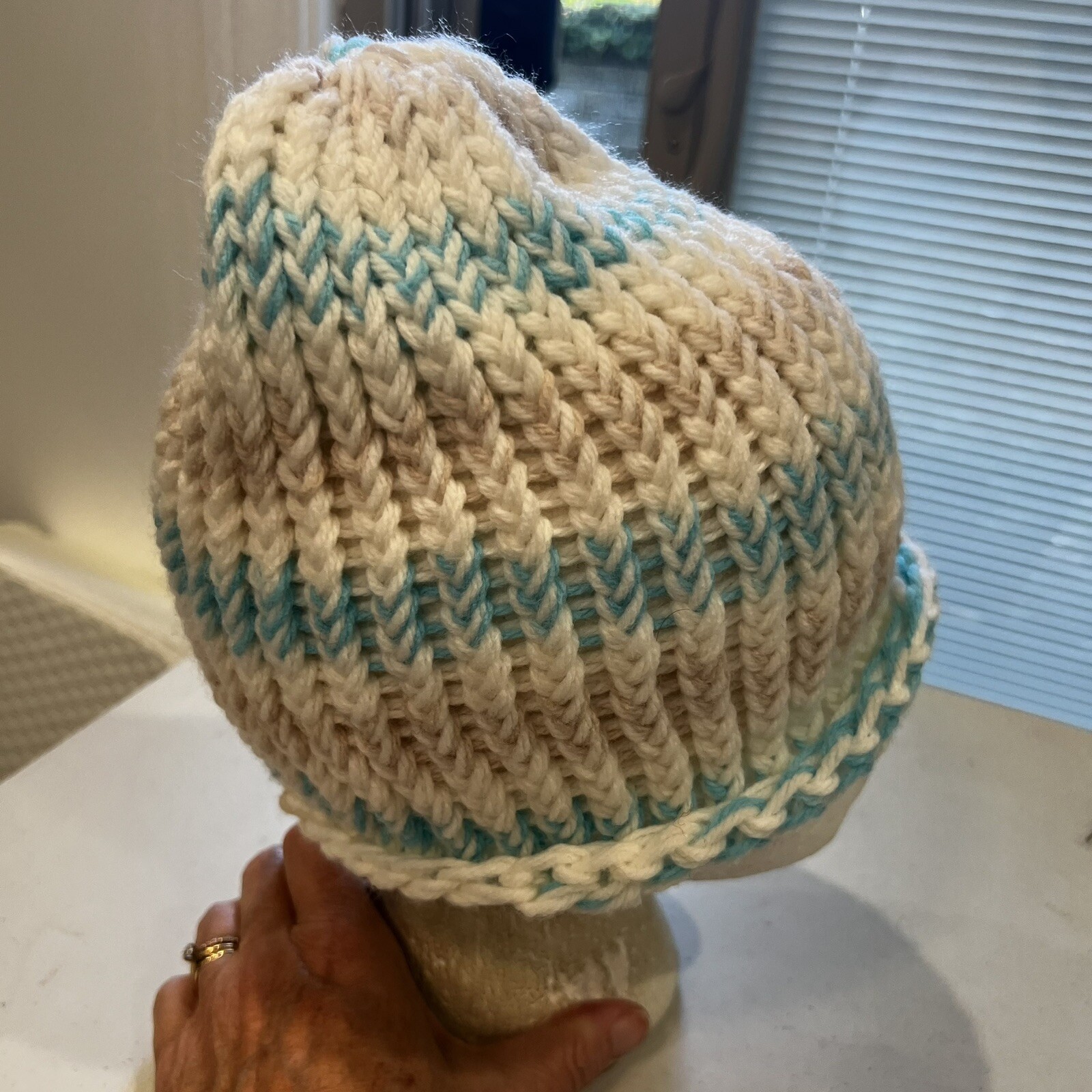 Tan White Light Blue Knitted Hat Cap Small EUC