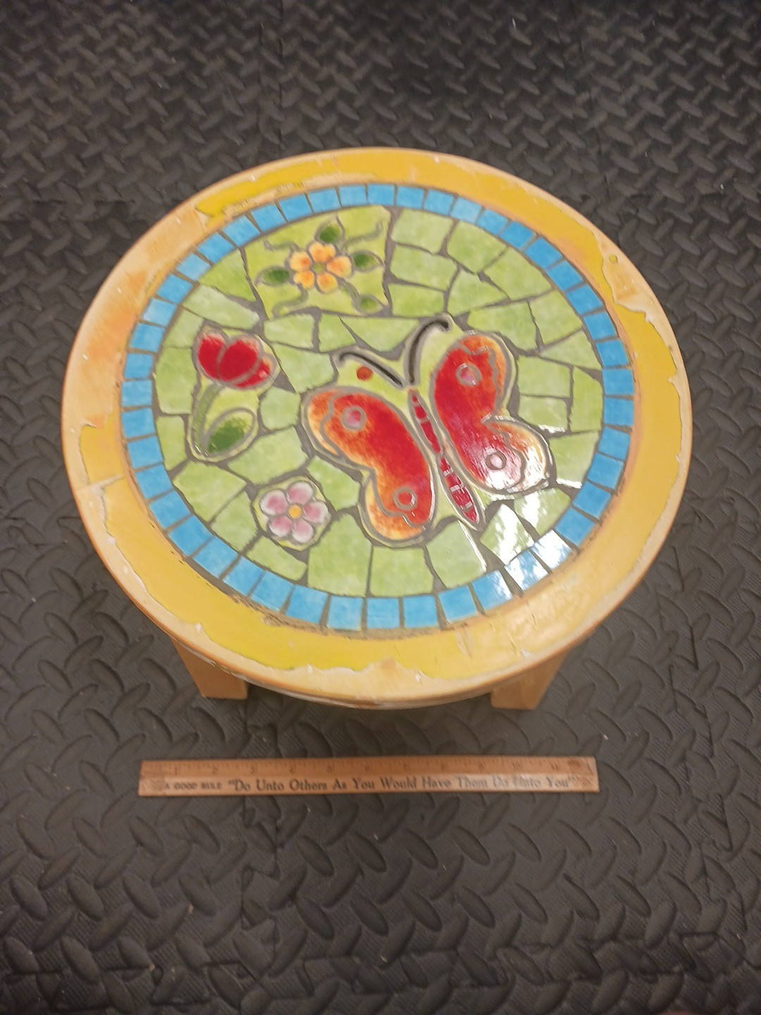Vintage Butterfly Tile Art Step Stool Wood And Tiles Artwork Yellow Furniture...