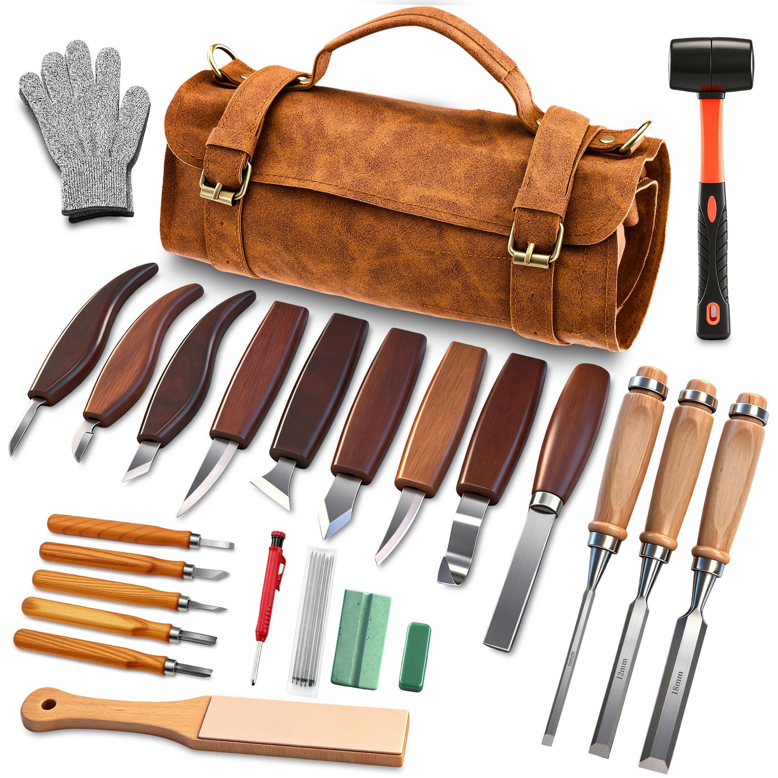 Deluxe Wood Carving Kit, 25 Piece Wood Carving Tools with Thick Leather Stora...
