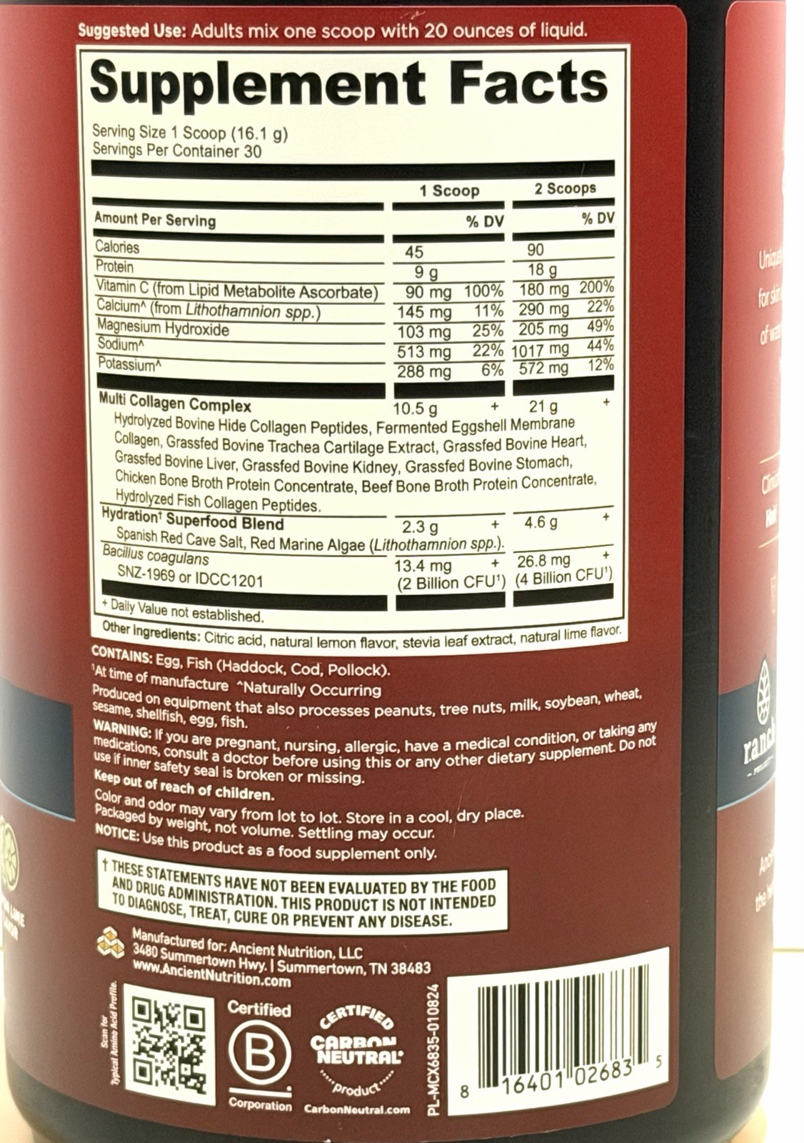 Ancient Nutrition Multi Collagen Protein Hydrate 16.9 Oz. Lemon Lime. Exp 12/26.