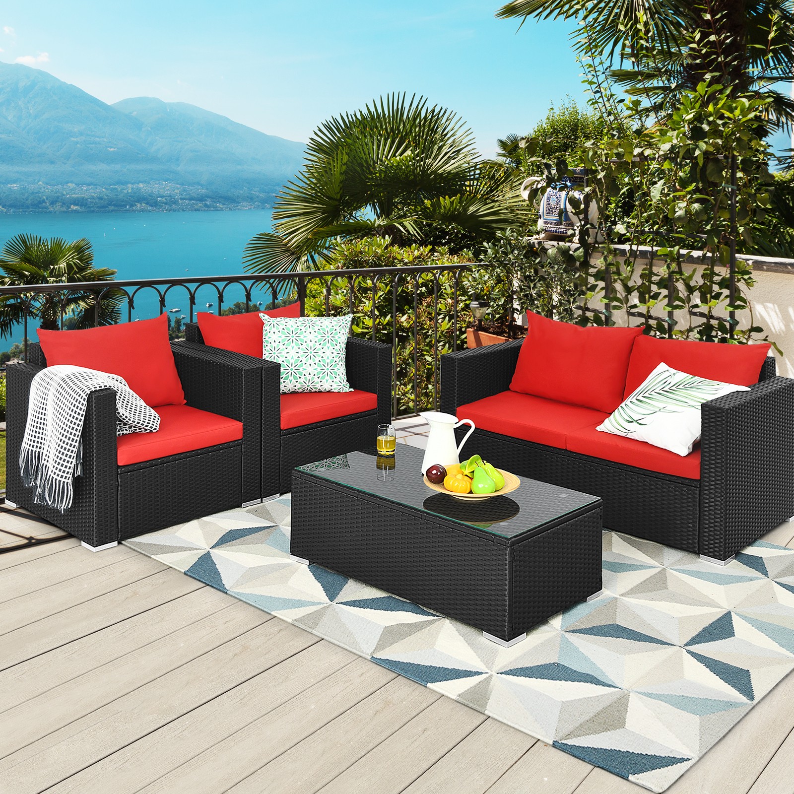 8PCS Patio Rattan Furniture Set Cushioned Sofa Chair Coffee Table Garden Red