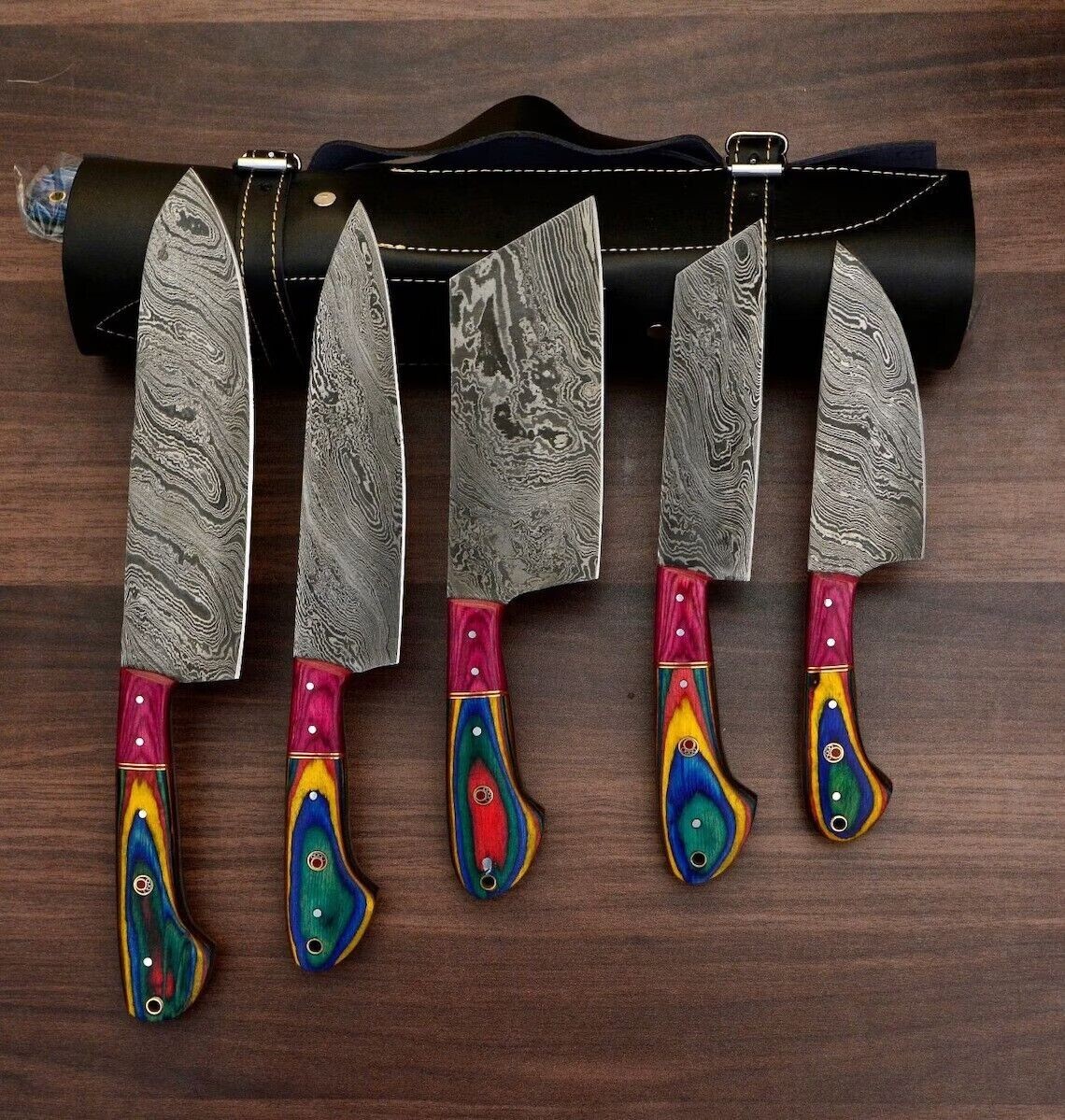 Custom Handmade Hand Forged Damascus Steel Kitchen Chef Knife Set With Roll Bag