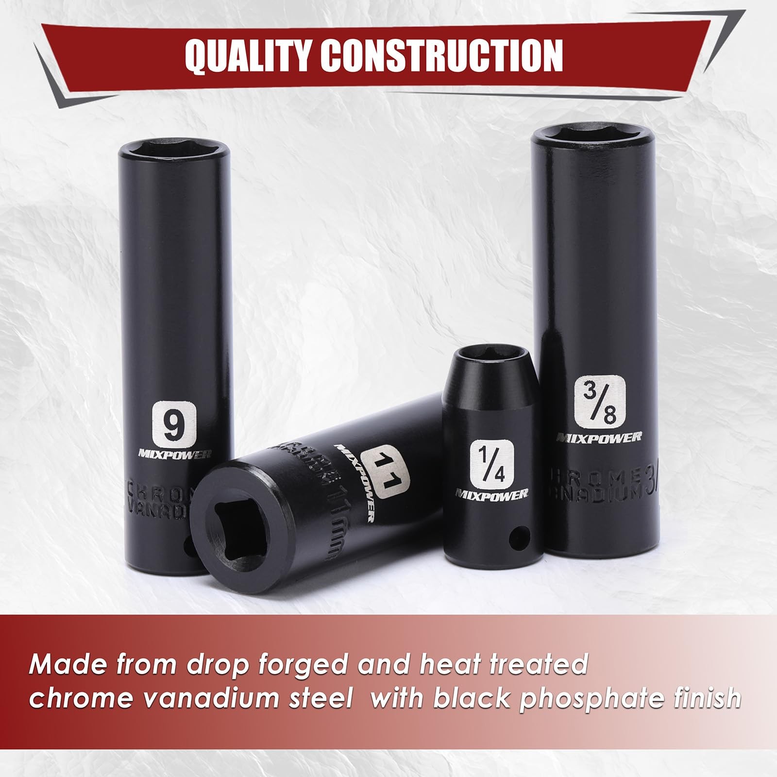 MIXPOWER 50 Pieces 1/4" Dr. Impact Socket Without Accessories, Black