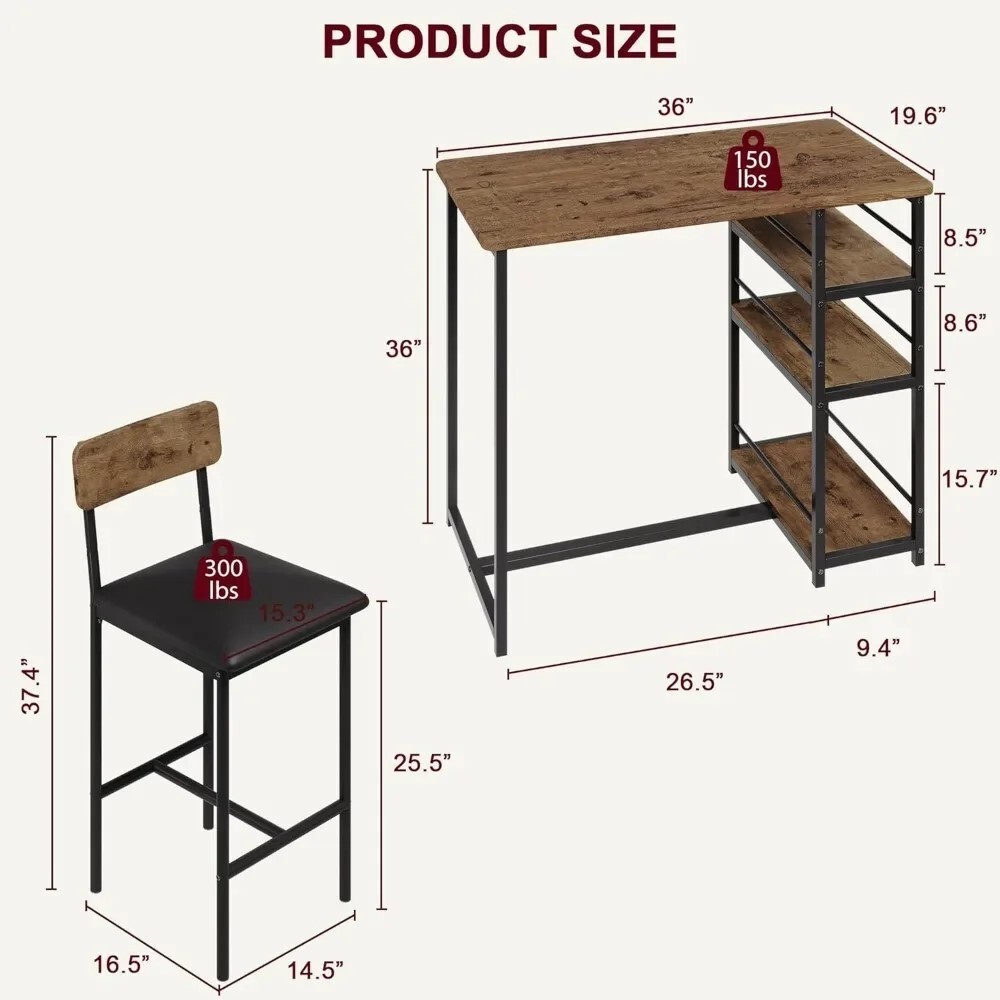 Dining Table Set for 1 Table and 2 Chairs, with 3 Storage Shelves Bar Table Set