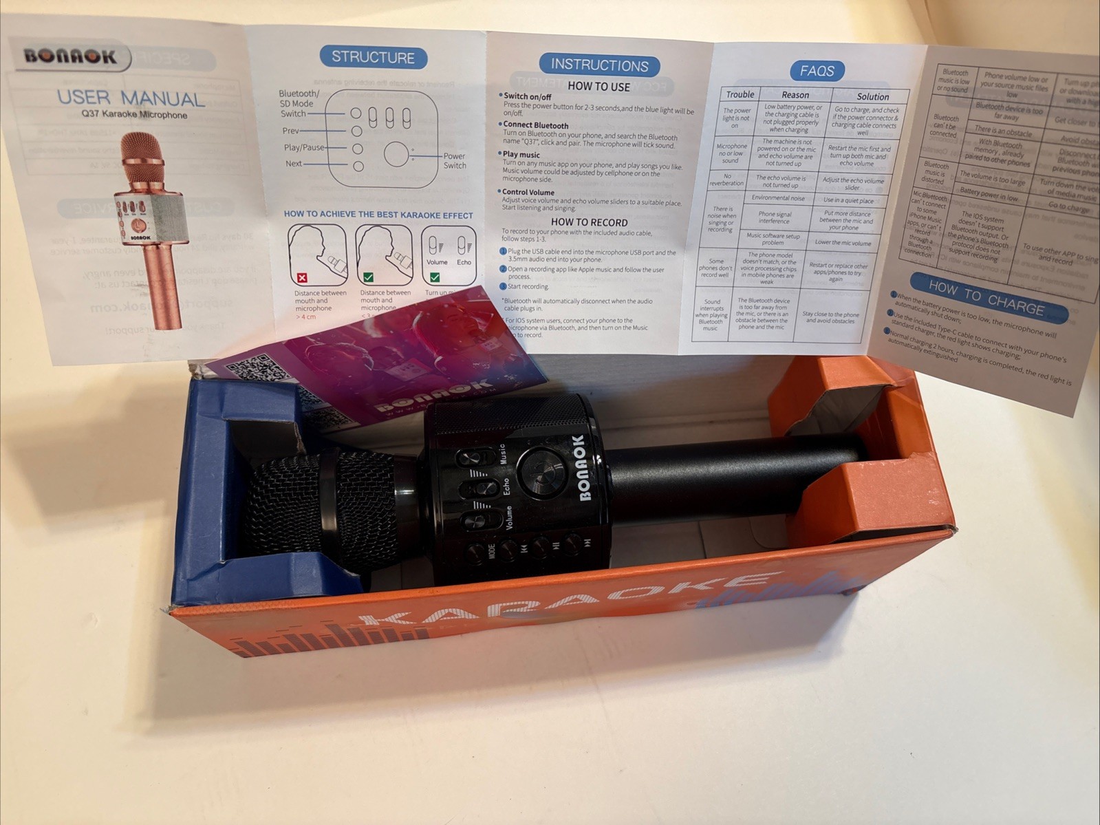Bonaok Wireless Bluetooth Karaoke Microphone - Black USED WORKS GREAT