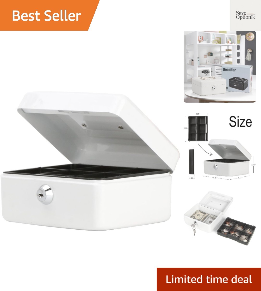 Small Cash Box with Key Lock, Double Layer Metal Money Box for Home Security,...