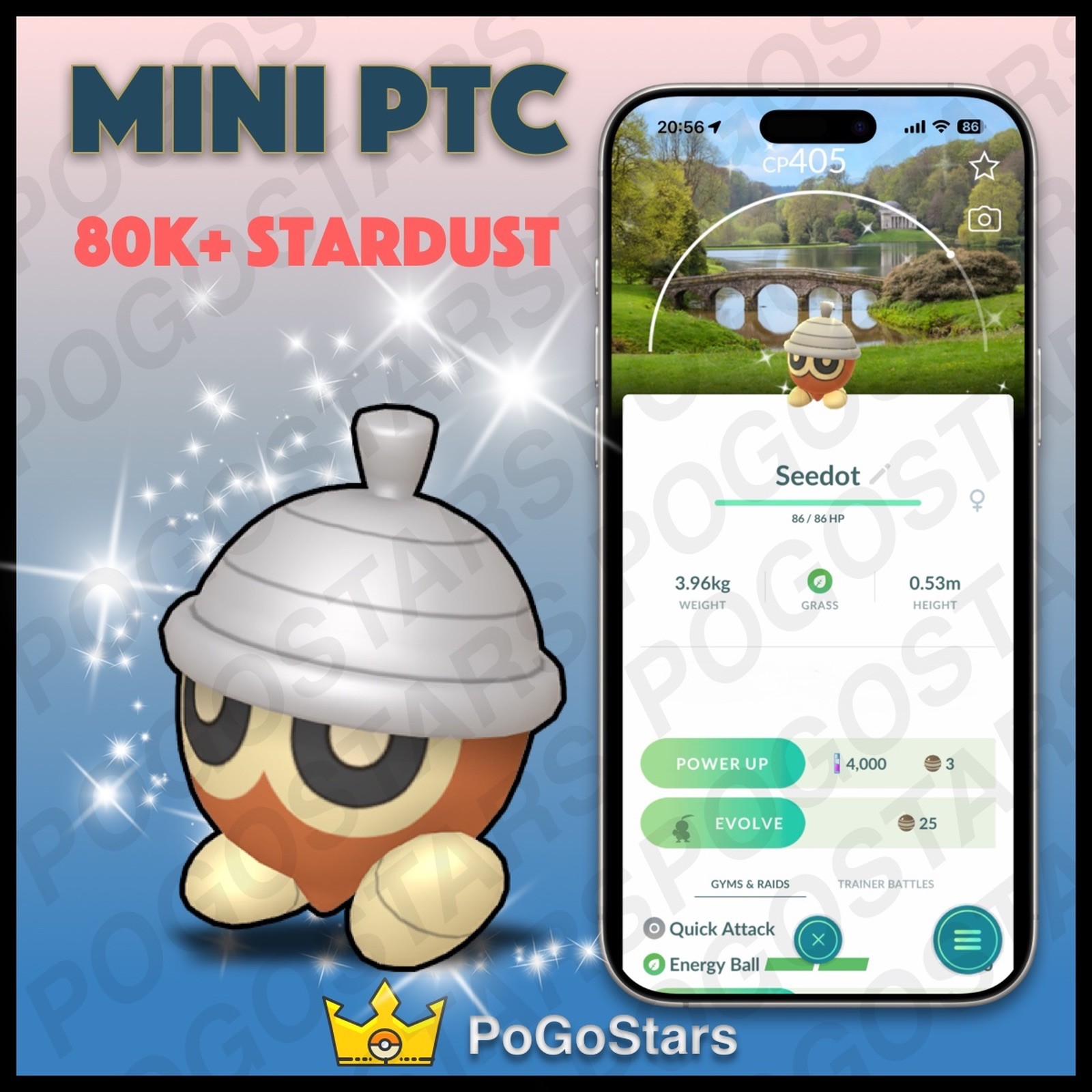 Pokémon PTC GO - Shiny Seedot - Stourhead✨National Trust Background✨