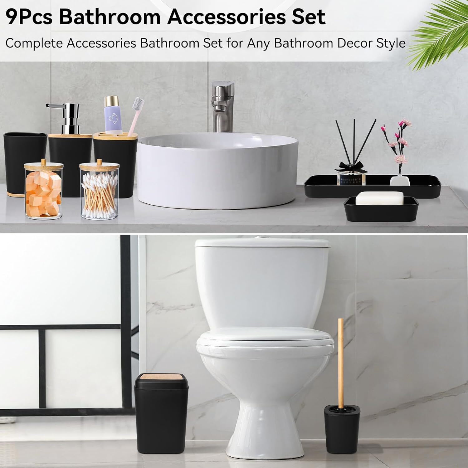 Bathroom Accessory Set, 9 Piece Black Bathroom Accessory Bathroom Decoration
