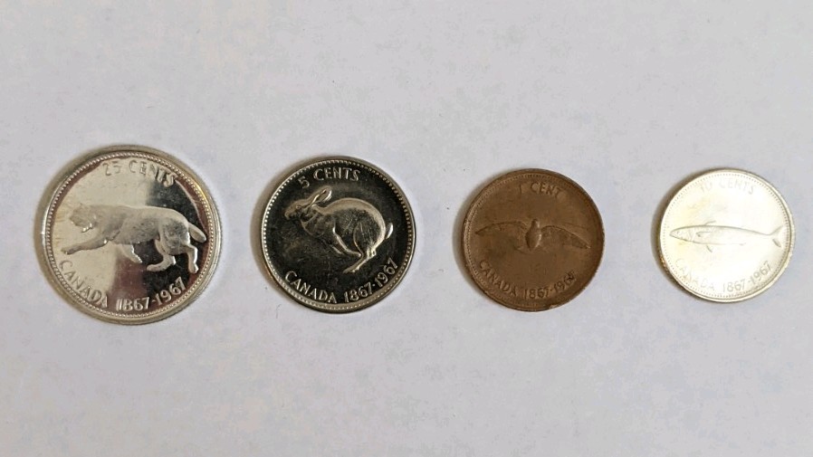 Canada 1967 Centennial Nickel, Penny, SILVER Dime, Quarter Set of 4 Coins